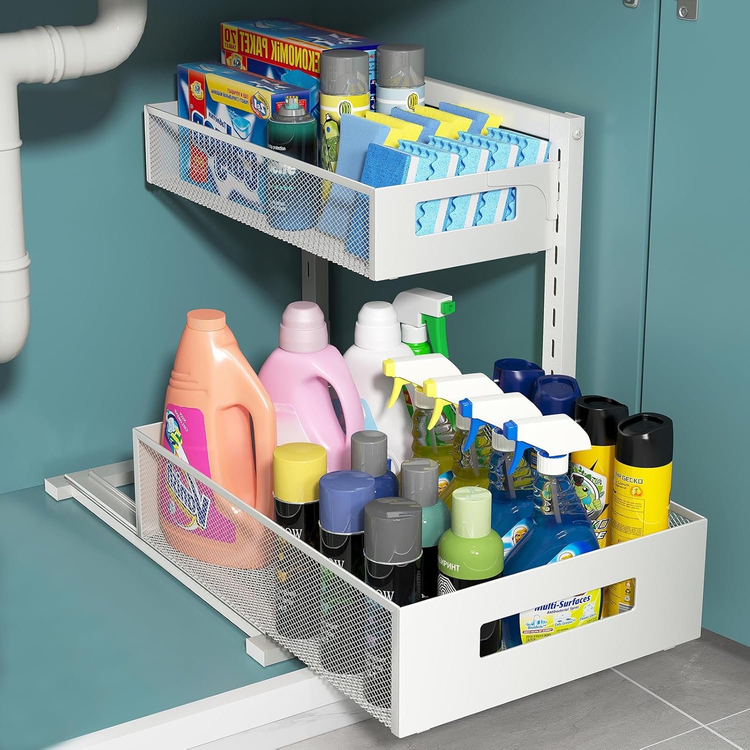 TISTAYA Pull-out Under Kitchen Sink Organizer, Metal Functional Under Sink Organizer, Height Adjustable Under Bathroom Sink Organizer, Under Sink Storage for Kitchen Bathroom Cabinet (White)