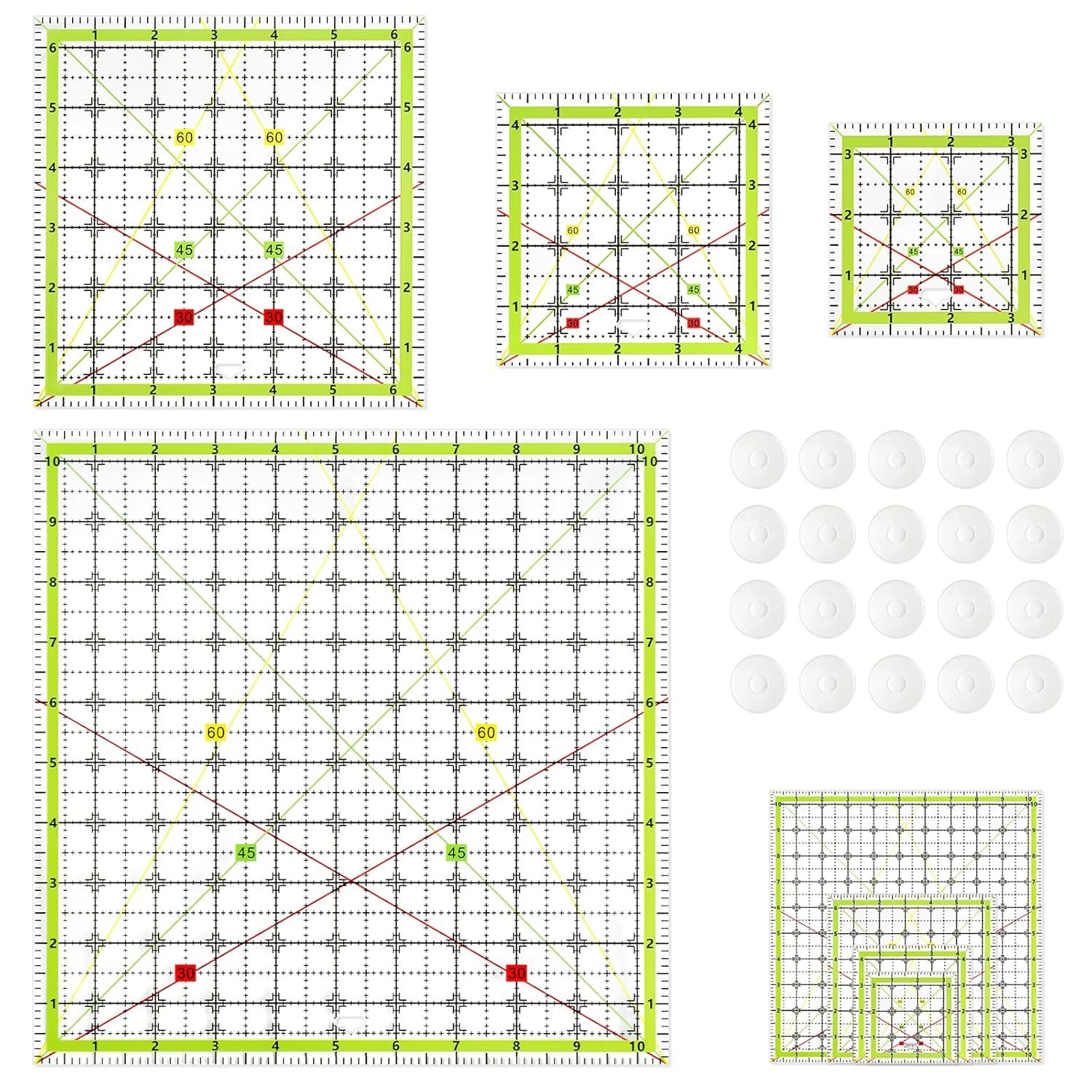 Aixoom Quilting Ruler, 4 Square Quliting Templates, Sewing Fabric Cutting Rulers Acrylic with 20 Non-Slip Rings, 5 Color Sewing Set Tool Clear Precision Notions(3.5”, 4.5”, 6.5”, 10.5”)