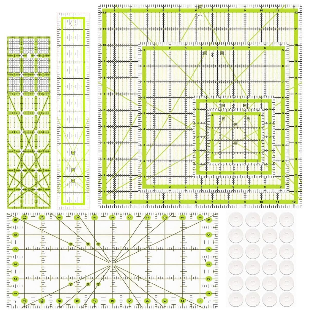 Quilting Rulers Clearance,7 Acrylic Ruler Quilting Templates(4.5″X4.5″, 6″X6″, 9.5″X9.5″, 12.5″X12.5″,6.5″x12″,2″x12″,3″x9″),Fabric Cutting Ruler with Non-Slip Rings for Quilting and Sewing