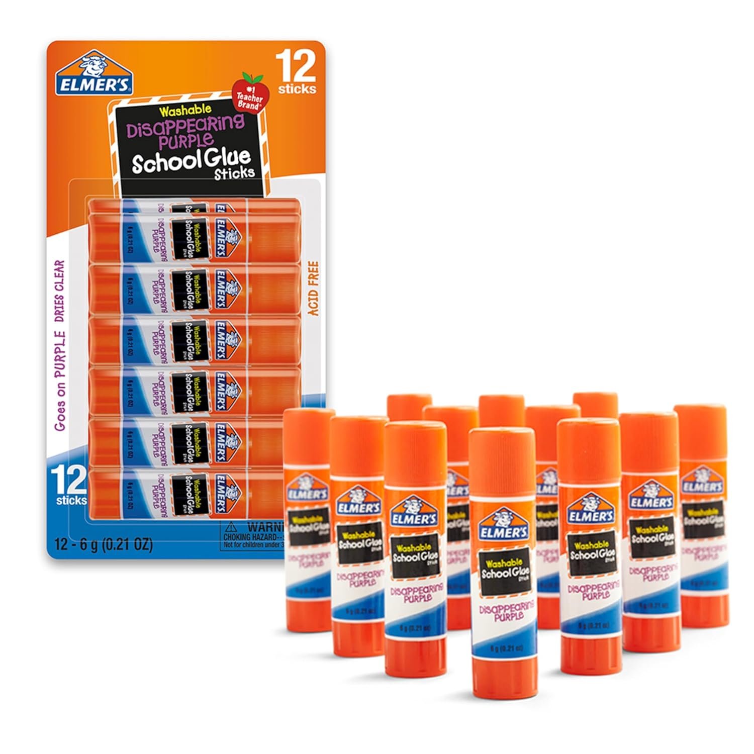 Elmer’s Disappearing Purple School Glue Sticks, Washable, 6 Grams, 12 Count – Arts & Crafts, Poster, Projects, Back to School, #1 Teacher Brand