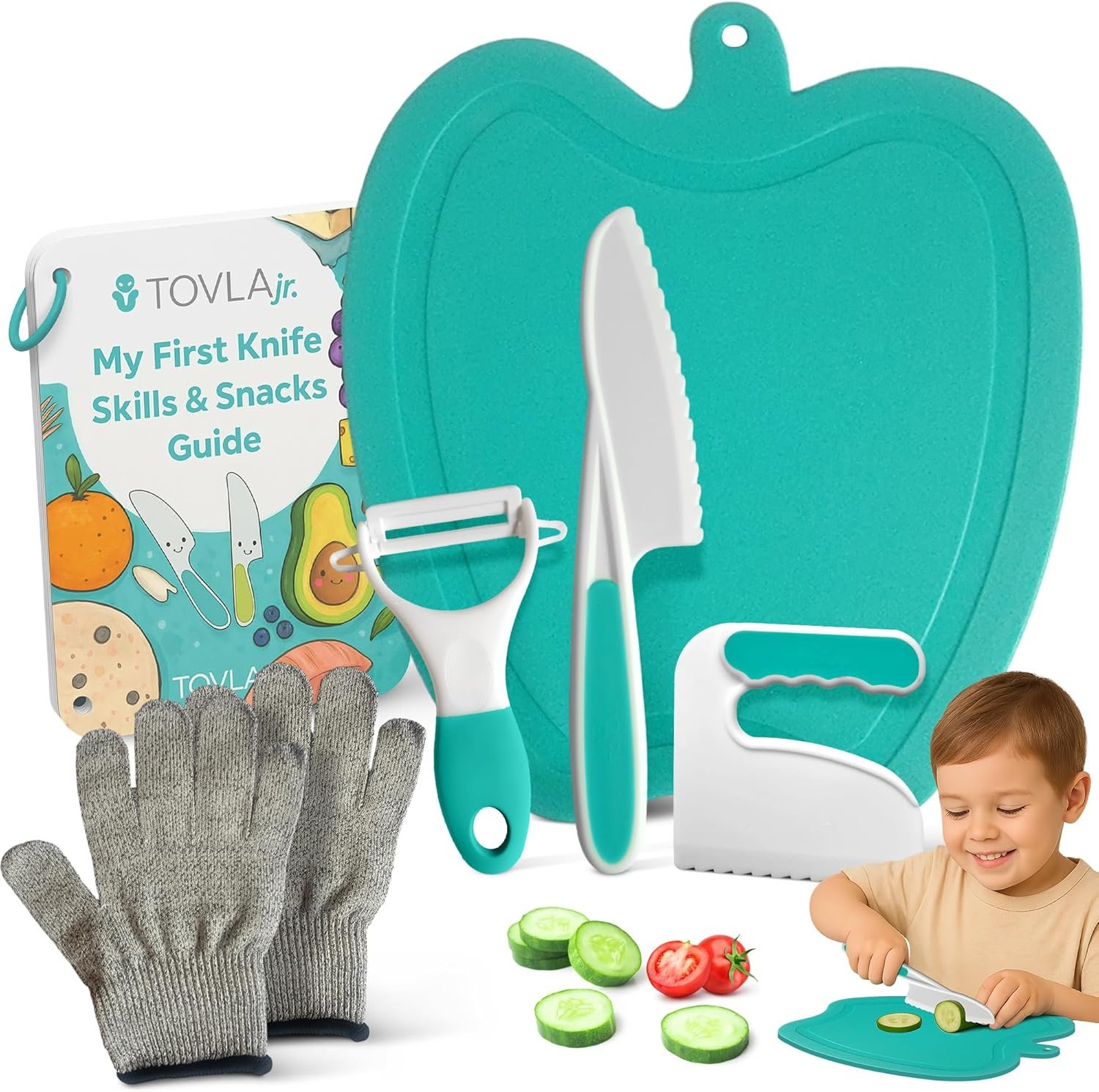 Tovla Jr. Toddler Cutting Set – Real Kids Knife & Chopper with Safety Gloves, Peeler & Visual Recipe Book – Montessori Cooking Tools Ages 3–8, Premium Gift for Kids