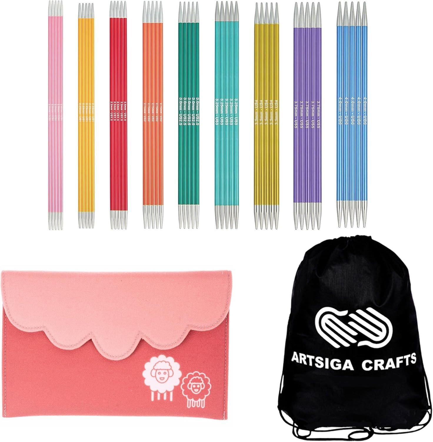 KnitPro Zing Deluxe Set 6 inch DPN Double Pointed Knitting Needles Size 0, 1, 1.5, 2, 2.5, 3, 4, 5, 6 with Fabric Case with Project Bag