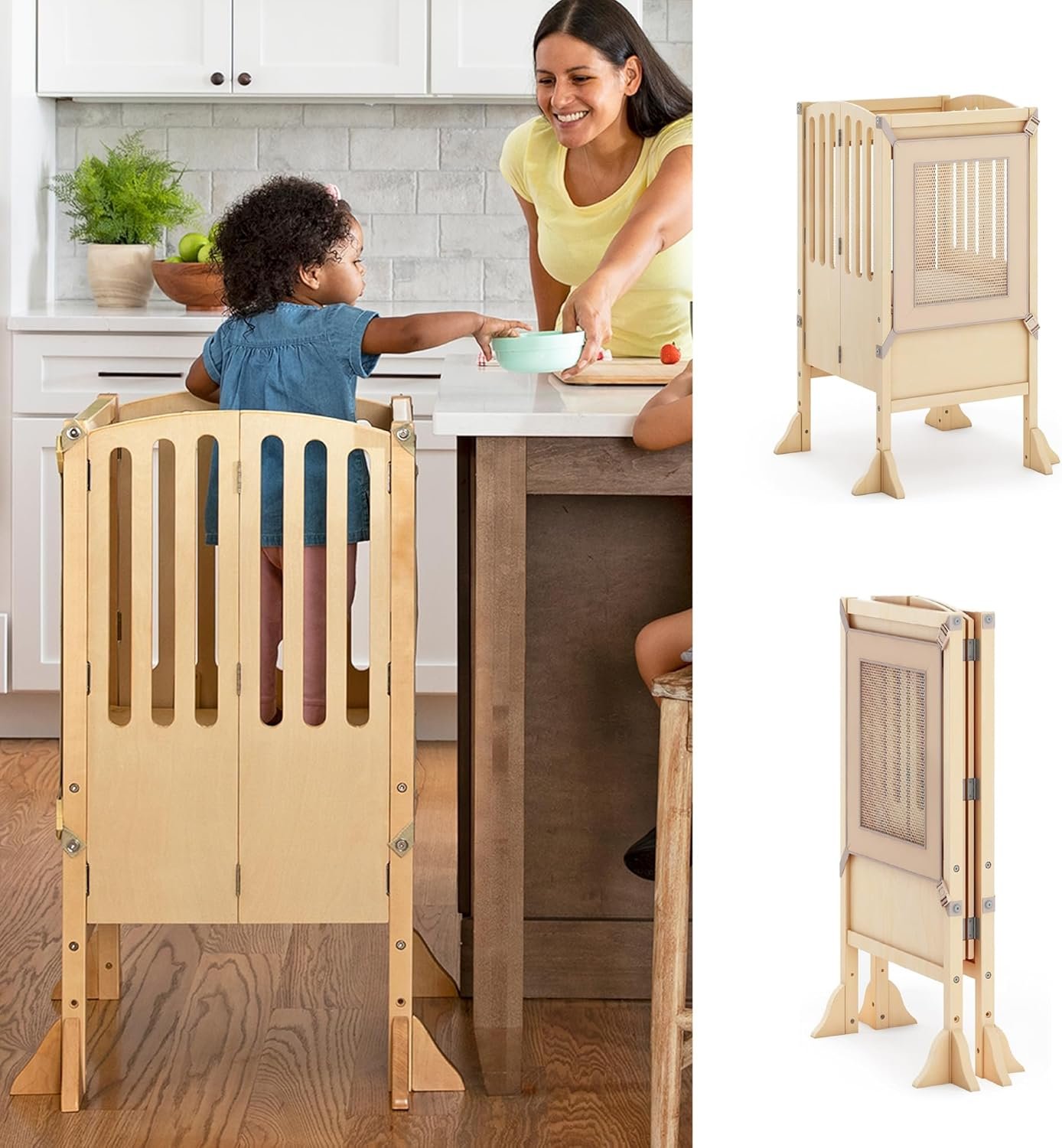 Guidecraft Kitchen Helper® Toddler Tower Step Stool – Contemporary – Natural: Folding Adjustable Height Montessori Wooden Learning Furniture with Keepers