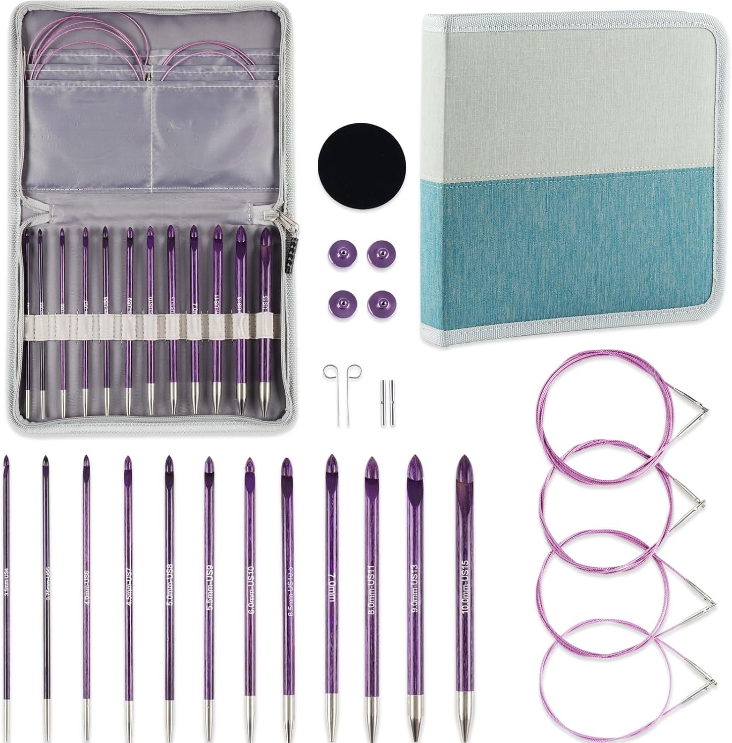 Svartur Tunisian Crochet Hooks Set with Cable, Afghan Crochet Hooks Interchangeable, Size from 3mm-10mm Sandalwood Crochet Knitting Needles for Crocheting, Purple