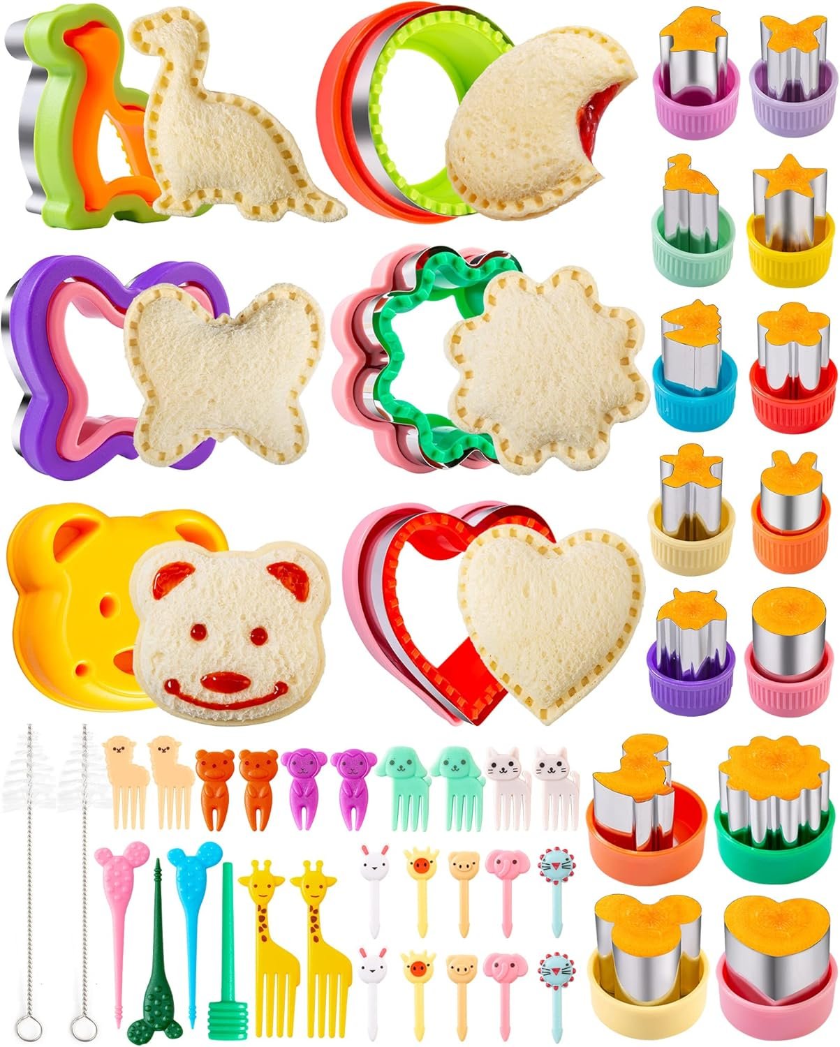 Sandwich Cutter for Kids 48 Pcs, Kimfead Cookie Cutters, Fruit Vegetable Cutter Shapes, Food Picks for Bento Box, Mouse Dinosaur Star Square Heart Shape