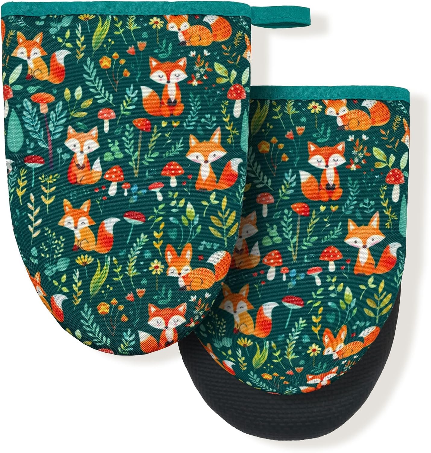 Forest Fox Animal Green Floral Flower Mini Silicone Oven Mitts, Heat Slip Resistant Kitchen Gloves 2-Pack Set, Soft Short Small Oven Mittens Pot Holders for Baking Grilling Barbecue Microwave Gift