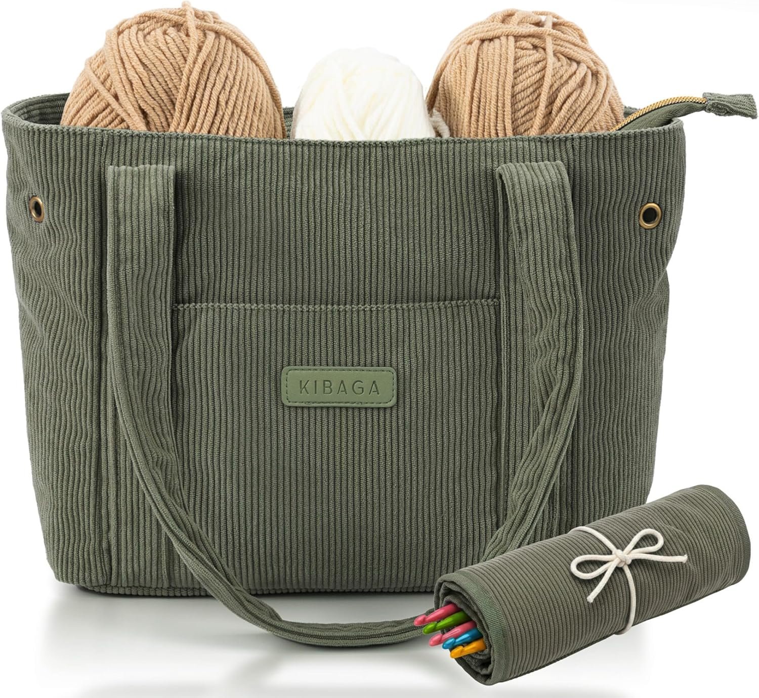 KIBAGA Stylish Yarn Bag for Crochet and Knitting Projects – Corduroy Crochet Organizer with 4 Interior Pockets and Yarn Holes – Perfect for Storing Hooks, Needles and Crafting Accessories