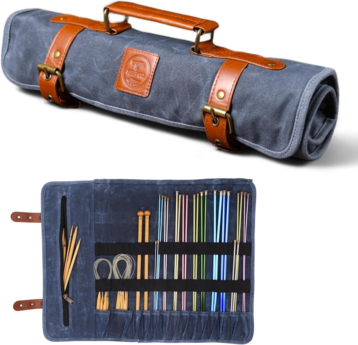 Earth & Fiber Co. Waxed canvas knitting needle case (up to 16 inches) – knitting bag – knitting needle organizer- knitting needle storage – circular knitting needle case (blue)