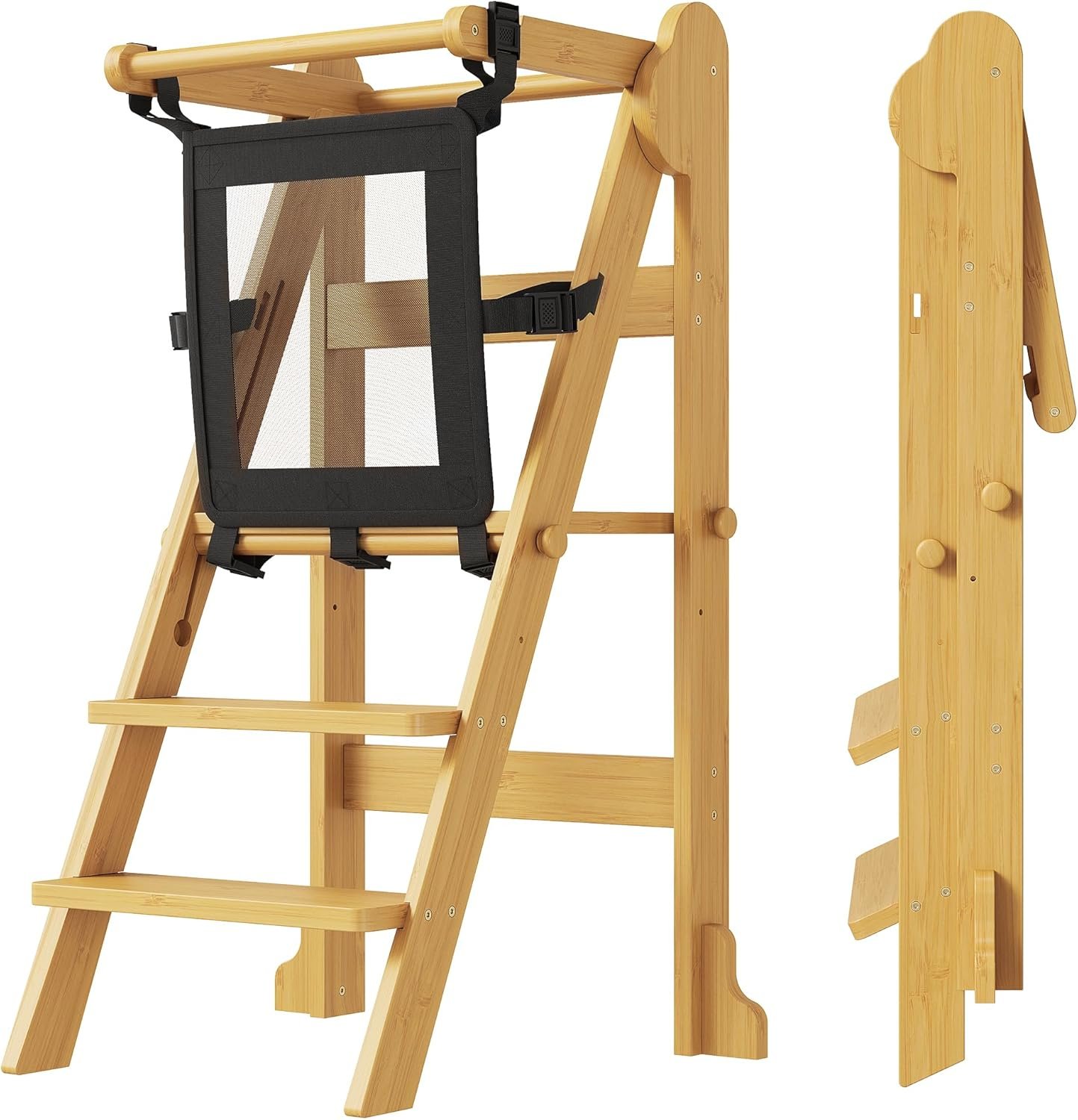 PETKABOO Toddler Kitchen Helper Stool – Montessori Standing Tower with Safety Net, Adjustable Height & Foldable for Space Saving for Learning & Cooking,Ages 18 Months–6 Years, Bamboo