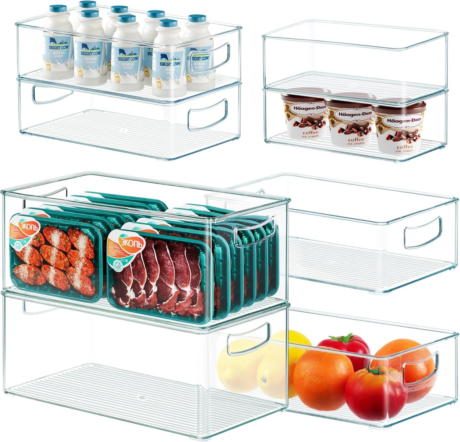 Heyuzb 8 PACK Freezer Organizer Bins Fridge Organizers and Storage Stackable Refrigerator Organizers Bins with Side Handles Clear Storage Bins for Pantry, Under Sink, Kitchen Cabinet