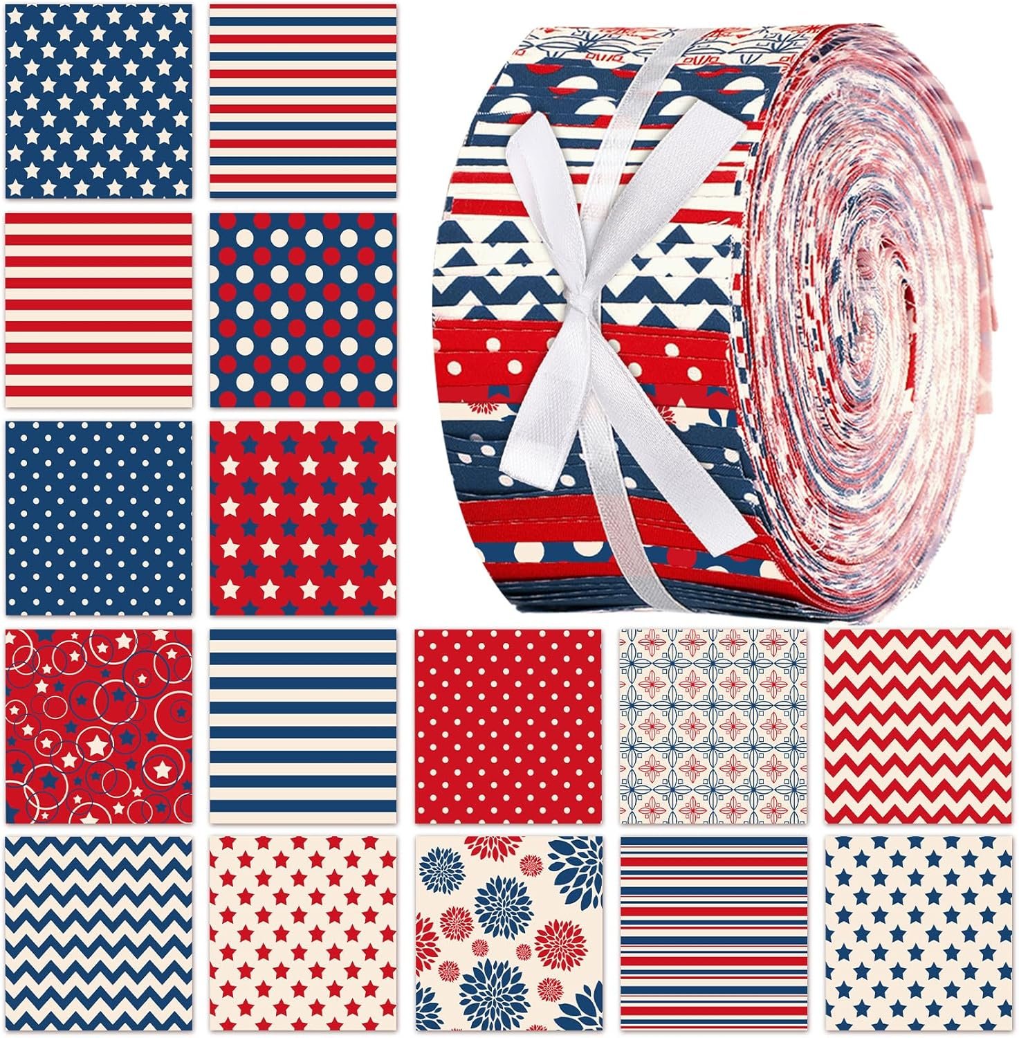 Ganeen 100 Pcs Vintage Patriotic Quilting Fabric Roll 4th of July Fabric Strips Jelly 2.56 Inch Red White Blue Precut Strips USA American Patchwork Materials for Labor Veteran Sewing Craft DIY Cloths