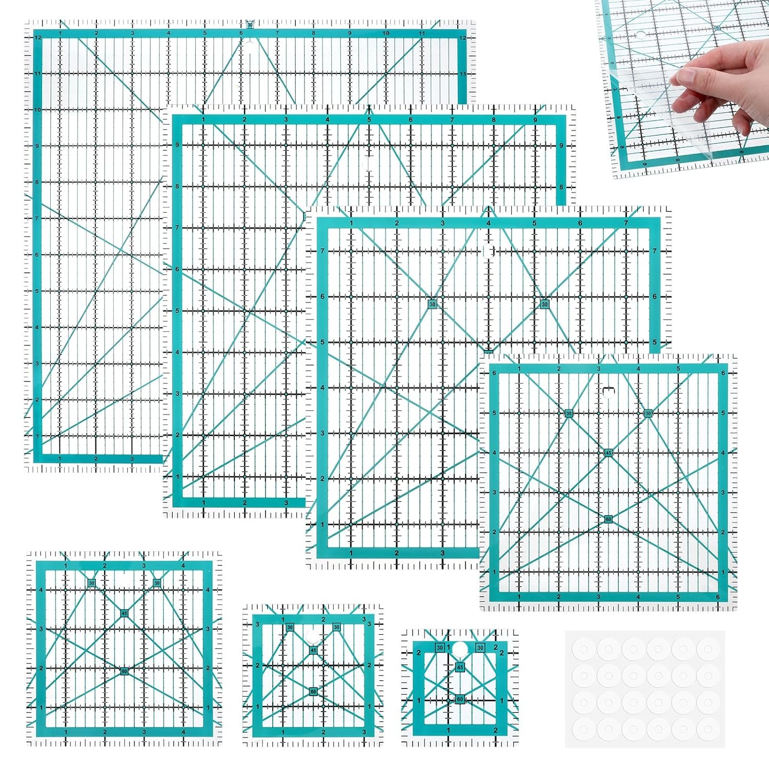 7 Pieces Quilting Rulers Templates, 2.5″,3.5″, 5″,6.5″, 8″, 10″,12.5″ Square Sewing Ruler Fabric Cutting Rulers Acrylic Quilters Ruler with Non-Slip Pads for Quilting and Sewing