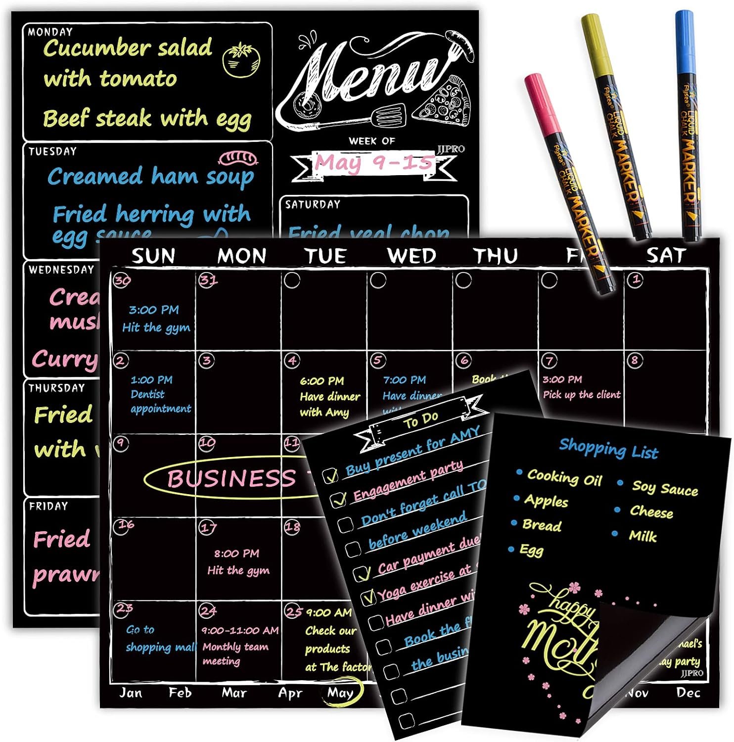 Magnetic Chalkboard Monthly Calendar – Weekly Meal Planning Blackboard Combo Set with Neon Bright Liquid Chalk Markers – Bonus Grocery List and Notepad Blackboard for Refrigerator Included