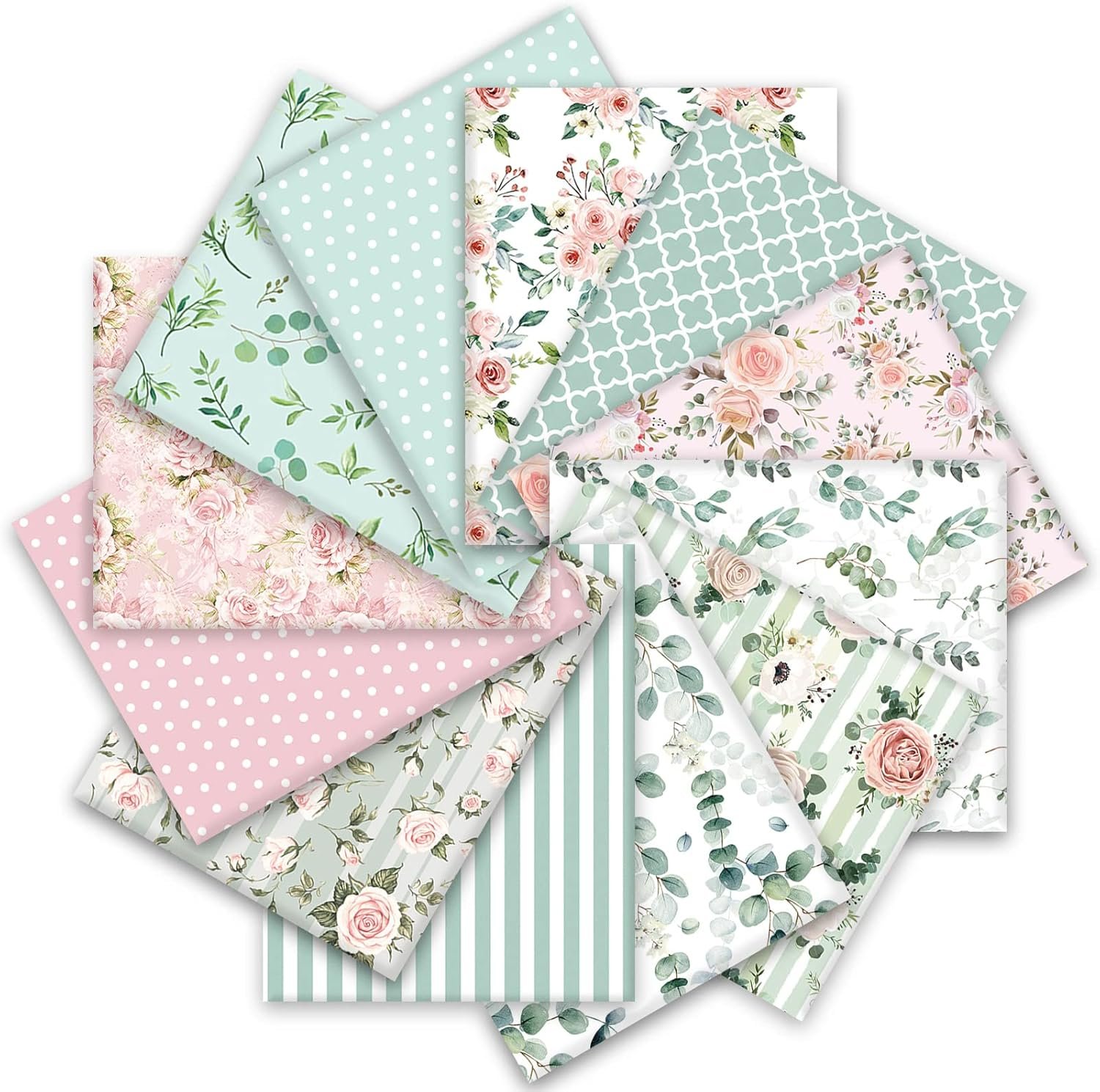 Whaline 12Pcs Spring Cotton Fabric Bundles 18 x 22 Inch Floral Greenery Printed Fat Quarters Pink Green Retro Quilting Patchwork Squares Sewing Fabrics for DIY Handmade Crafting Home Party Decor