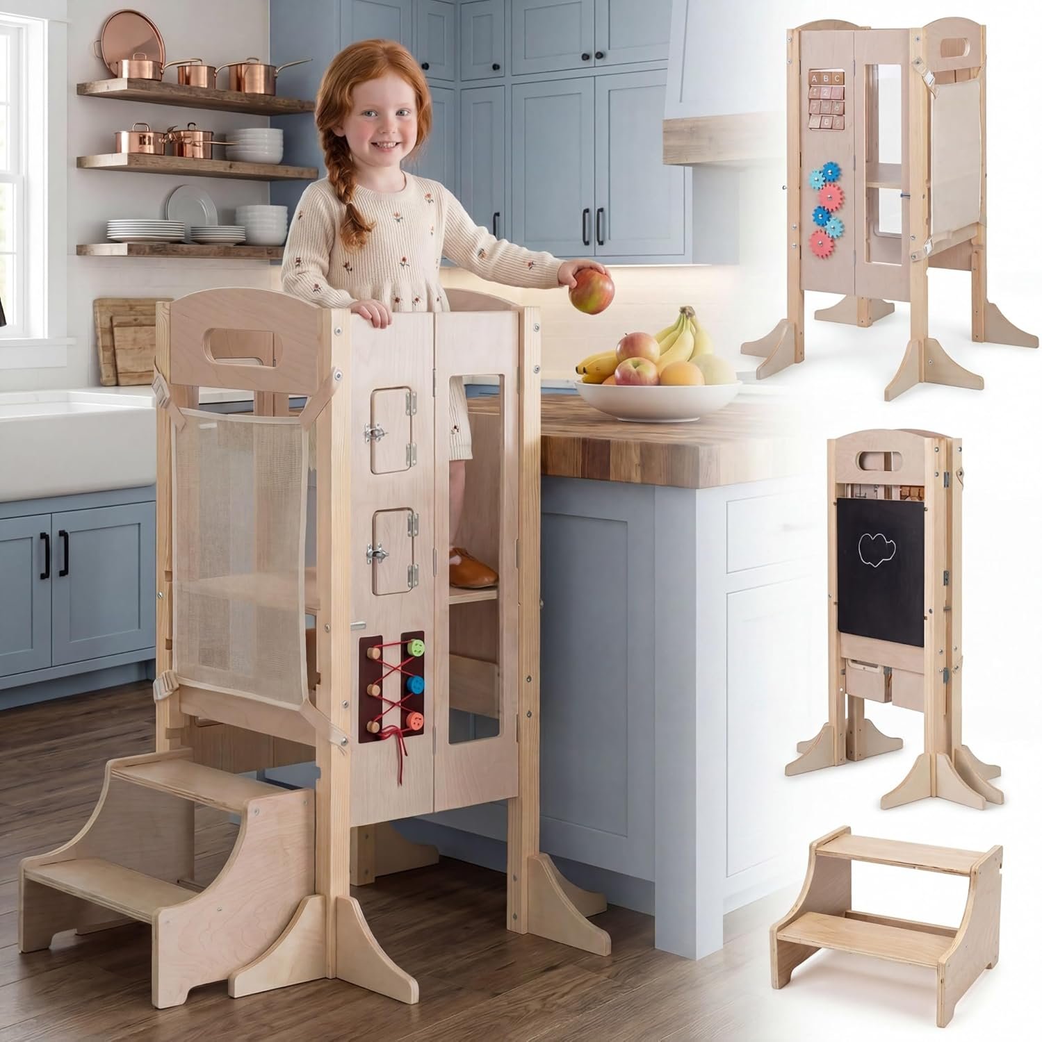 HONEY JOY Foldable Toddler Tower, Wooden Kitchen Stool Helper with 2 Step Stool, Adjustable Height, Chalkboard, Kids Learning Standing Tower with Safety Net & Montessori Activity Games, Natural