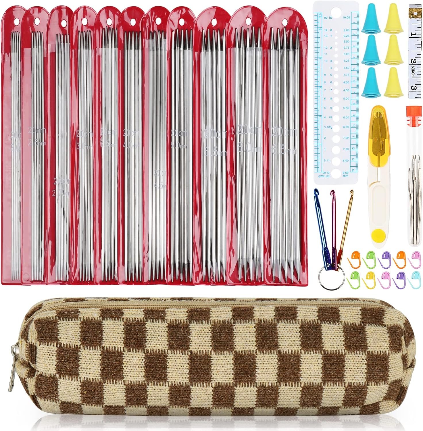 Aeelike 55pcs Double Pointed Knitting Needles – Short Knitting Needles Set Straight Knitting Needles Double Pointed for Beginners – 11 Sizes Stainless Steel Metal Knitting Needle Sets 2mm to 6.5mm