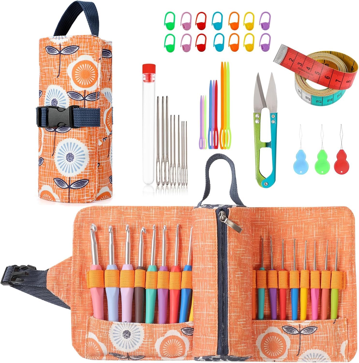 Vodiye 21 Sizes Ergonomic Crochet Hooks Set 0.5–10.0mm with Roll Bag, Soft Grip Crochet Needles for Crocheting Comfort
