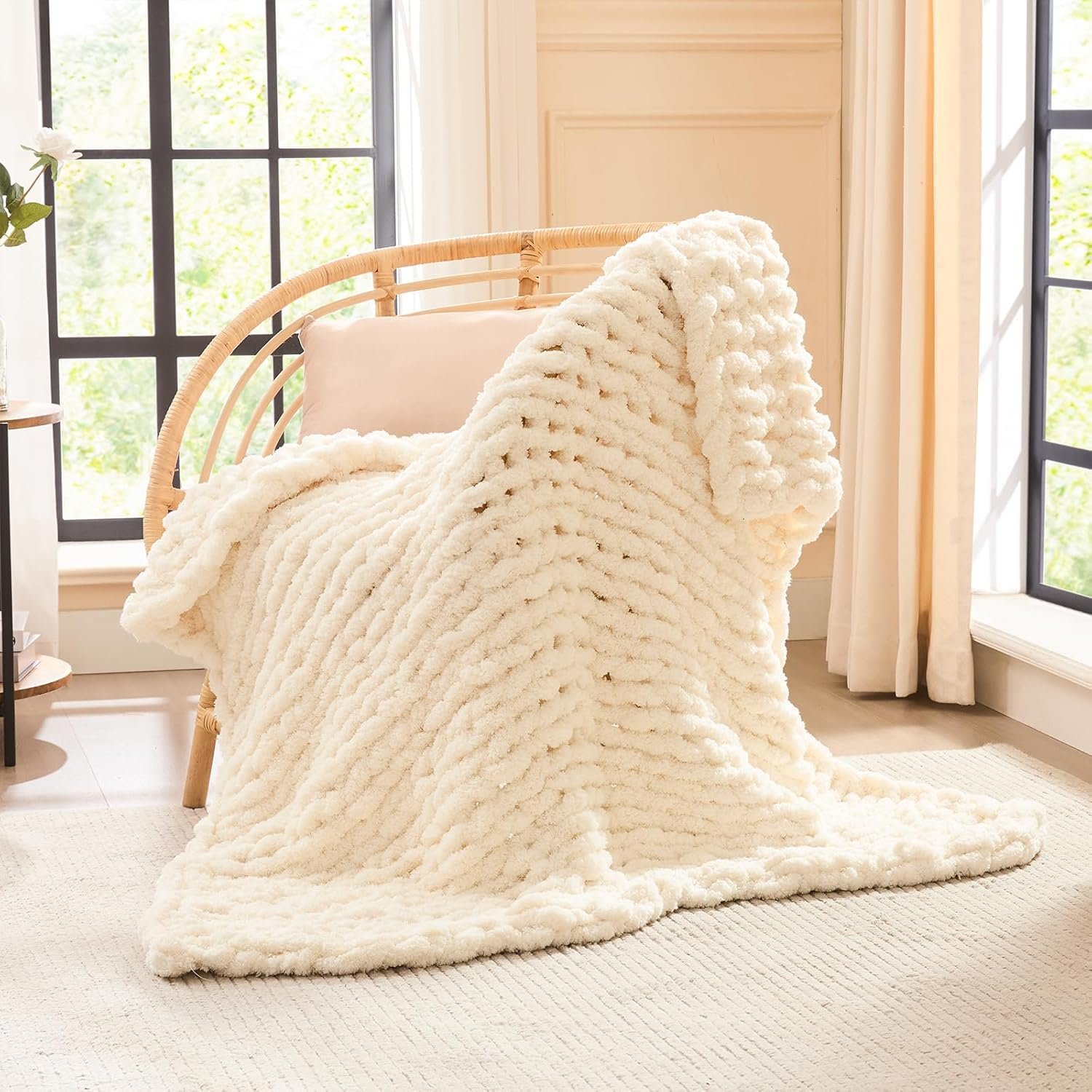 L’AGRATY Chunky Knit Blanket Throw – Soft Chenille Yarn Throw Blanket 40×50: Handmade Thick Cable Crochet Blankets – Large Blankets Chunky Yarn – Rope Knot Throw for Couch Sofa Bed Home Decor