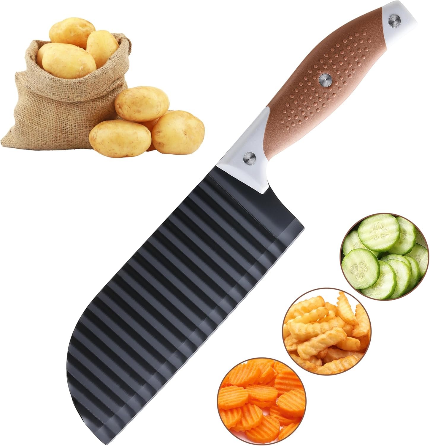 Crinkle Cutter for Veggies, OLULU Crinkle Cut Knife, Great for Veggies, French Fry, Potato, Cucumber, Carrot, Stainless Steel Wave Fries Cutter Slicer with Rubber Handle, Dishwasher Safe (Brown)