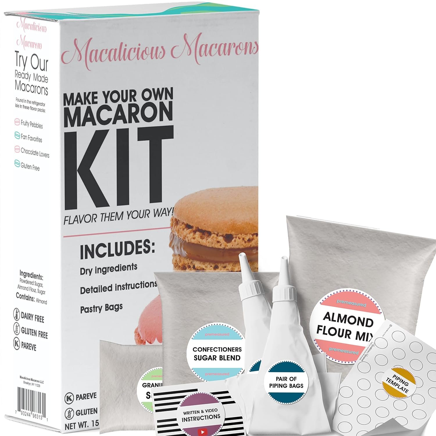 Macalicious Macaron Baking Mix – DIY Bake Your Own French Macarons Kit –Includes All Dry Ingredients, Pastry Bags with Piping Tip, Template, and Detailed Instructions – Great activity for Kids & Adults