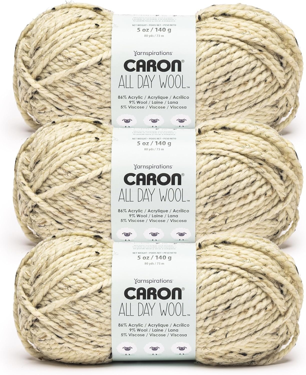 Caron All Day Wool Rolled Oats Yarn – 3 Pack of 170g/6oz – 80% Acrylic 20% Wool – # 6 Super Bulky – 108 Yards – Knitting/Crochet