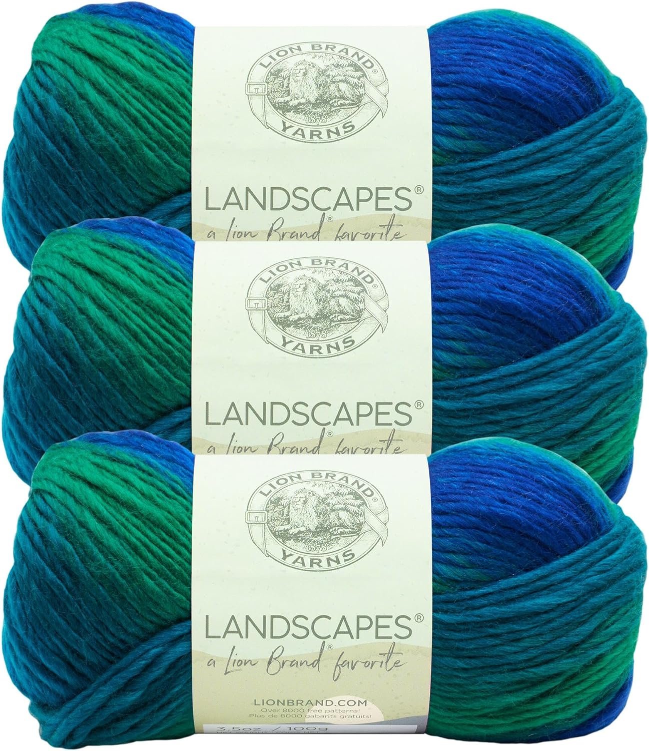 Lion Brand Yarn, Landscapes Multicolor Yarn for Knitting, Crochet, and Crafts, Blue Lagoon, 3 Pack, Acrylic Fiber for Variegated Blankets, Self-Striping Shawls, and Gradient Sweaters