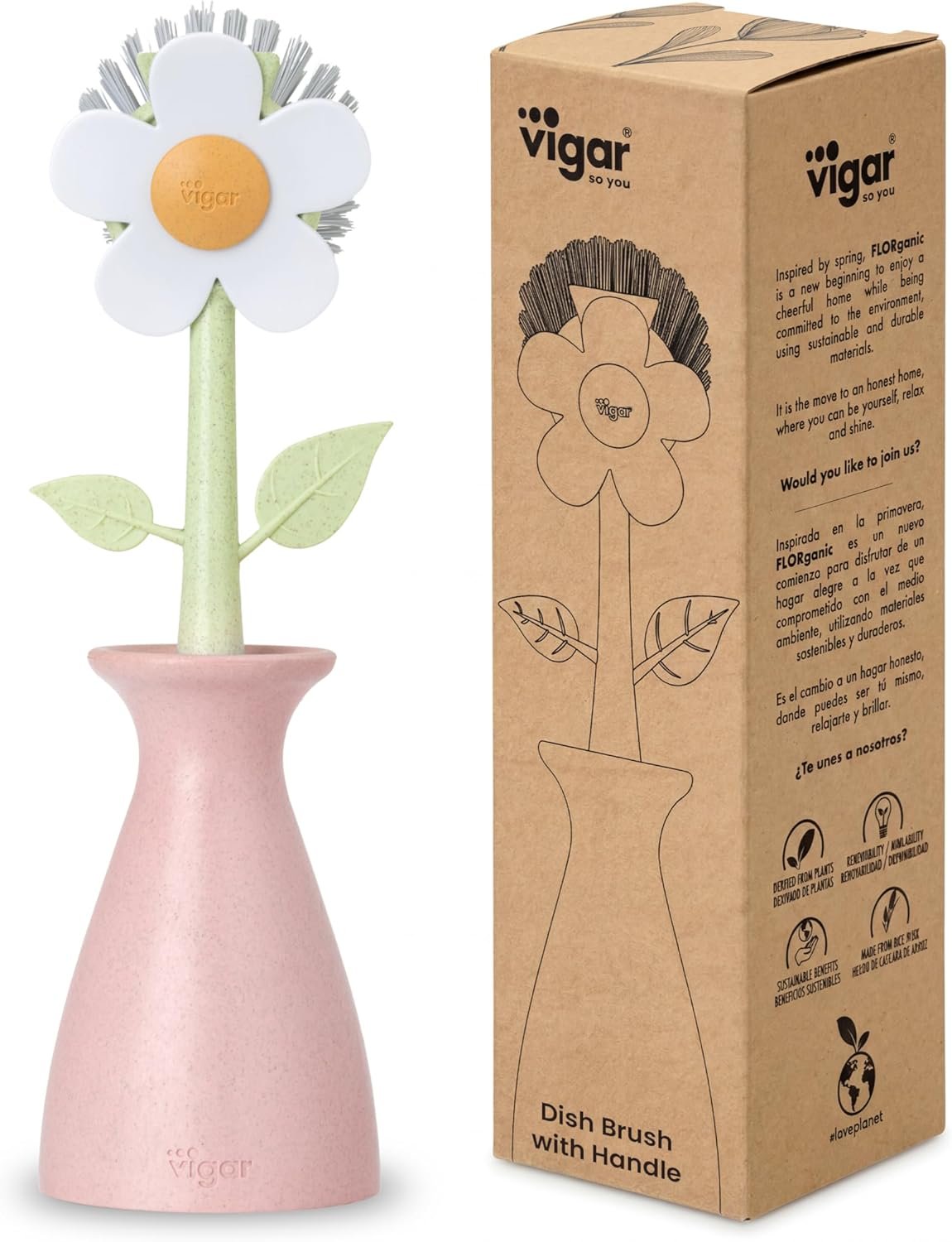 Vigar Florganic Dish Brush with Holder – Dish Scrubber with Handle for Dishes, Kitchen Sink Cleaning Brush, Pot Scrubber, Kitchen Scrub Brush, Dishwashing Brush Tool for Sink Cleaning – Pink