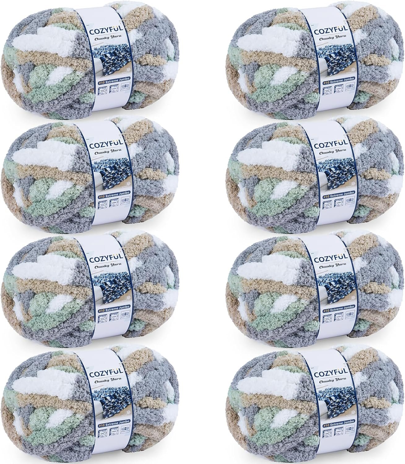 Cozyful Chunky Yarn for Hand Knitting – #10 Chunky Chenille Blanket Yarn, Jumbo Big Thick Chunky Yarns for Crocheting, Tie Dye Bulky Knit Yarns, 8 Skein (20 yds 8 oz Each Skein), Cream&Sage&Grey&Khaki
