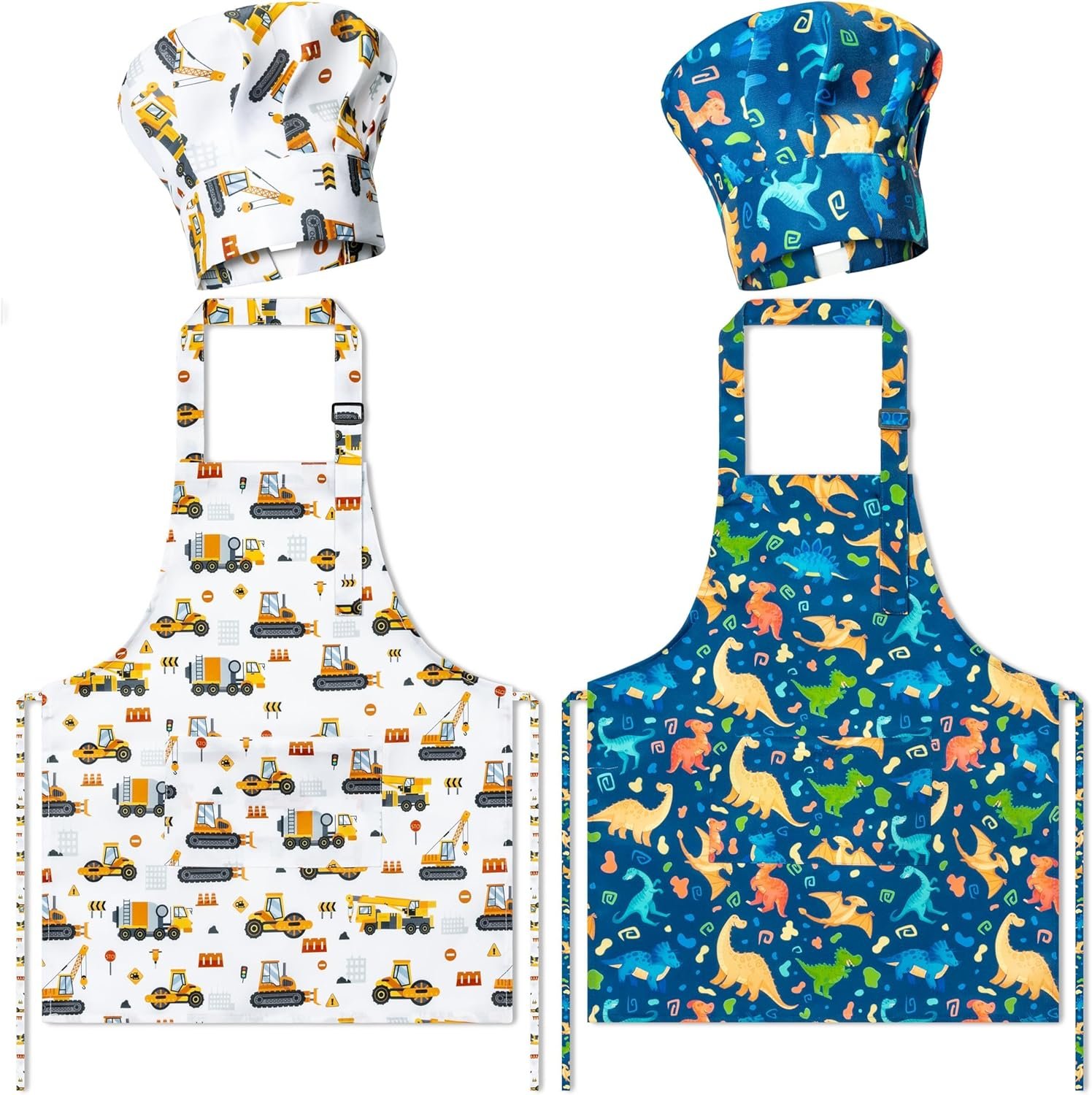 4Pcs Kids Apron and Chef Hat Set Gift for Girls Boys, Dinosaurs Construction Vehicles Adjustable Kitchen Cooking Child Aprons with 2 Pockets Waterproof Smocks for Baking Painting Crafting