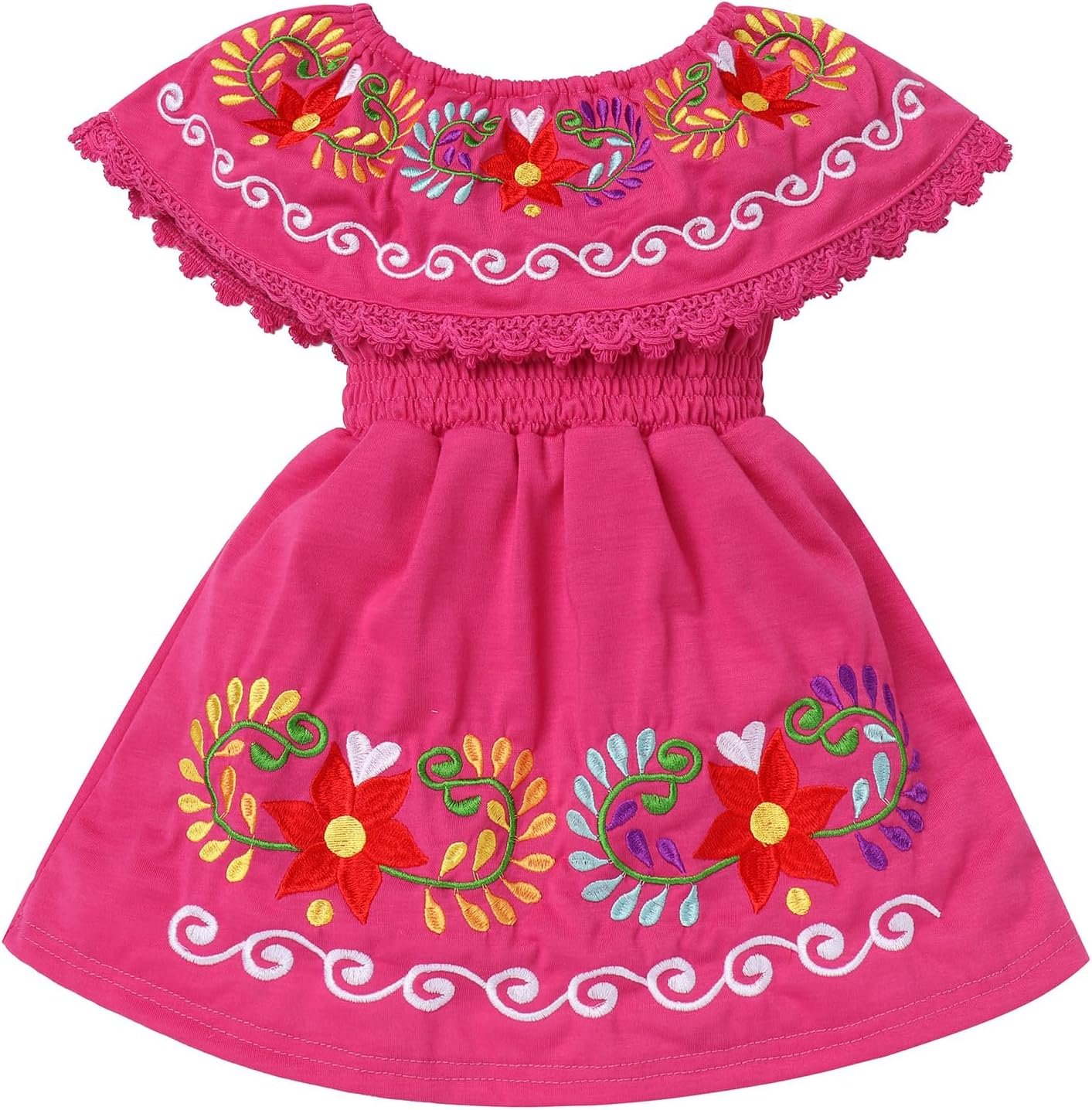 Kids Toddler Girls Traditional Mexican Off-Shoulder Floral Embroidered Drape Dress