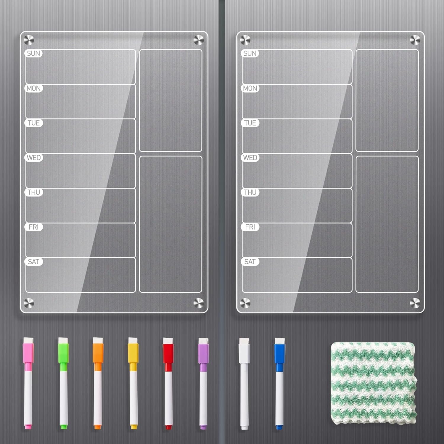 2 Pack Clear Acrylic Magnetic Meal Planner for Fridge, Weekly Calendar & Menu Board for Kitchen, Planning Board Noteboard Refrigerator with 8 Markers& 1 Towel, to Do, Grocery & Chore Chart (12″ x 8″)