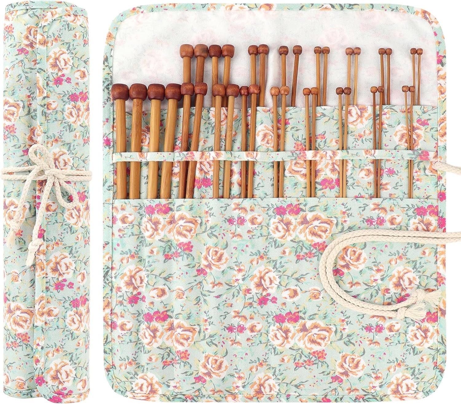 Aeelike 18 Pairs Bamboo Knitting Needles Set – 14 Inches Wooden Knitting Needles Single Point with Flower Roll Bag – Portable Knittings Needle Set for Beginners (2mm – 10mm)