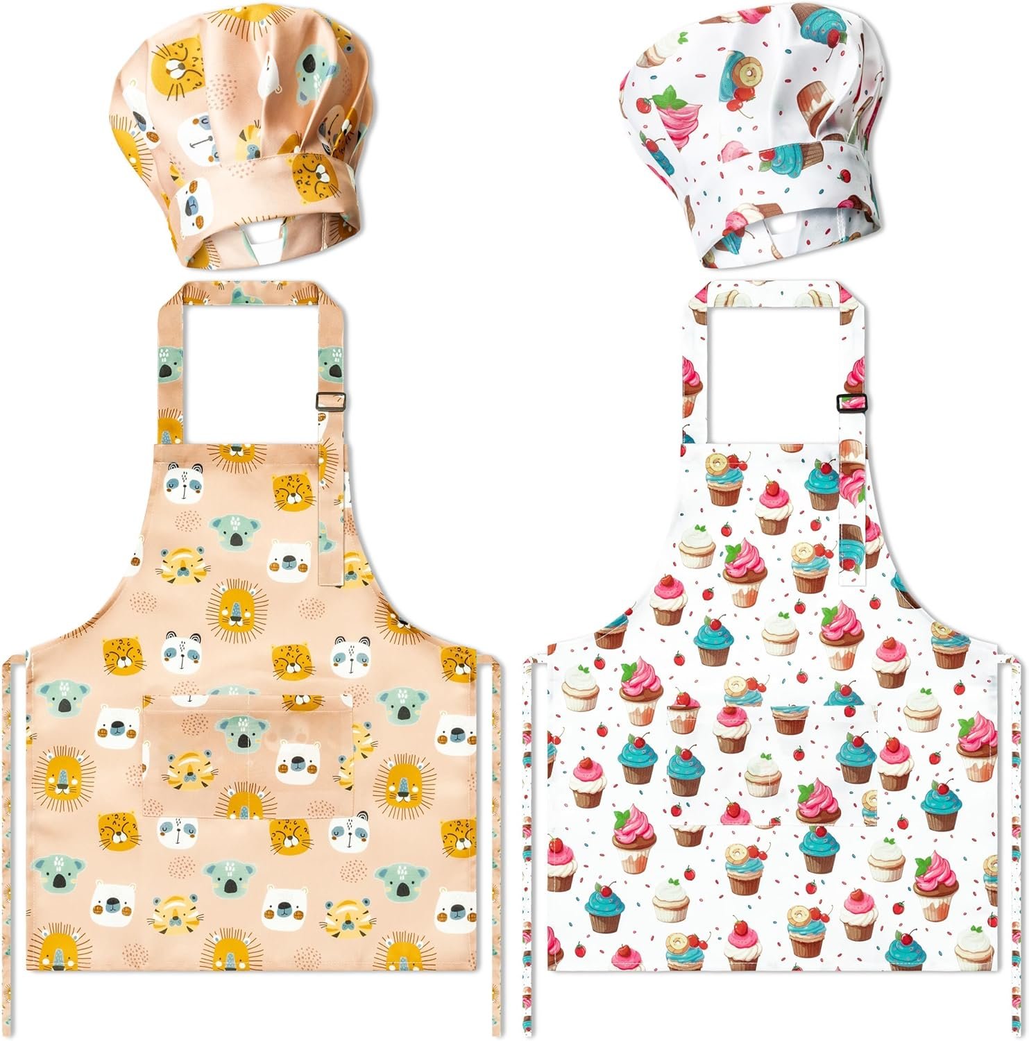 4Pcs Kids Apron and Chef Hat Set Gift for Girls Boys, Cupcake Animal Prints Adjustable Kitchen Cooking Child Aprons with 2 Pockets Waterproof Smocks for Baking Painting Crafting