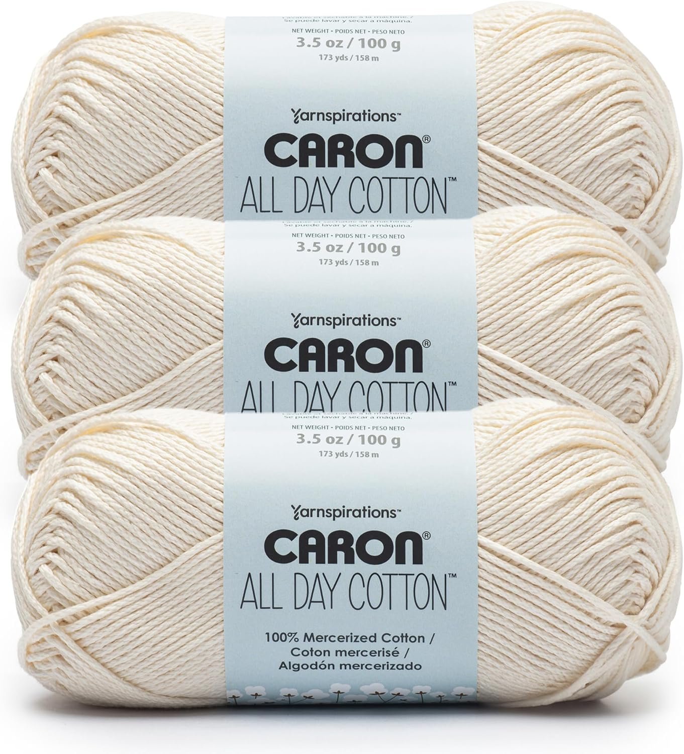 Caron All Day Cotton – 3 Pack of 173 Yards/3.52 oz Cream 100% Mercerized Cotton Yarn