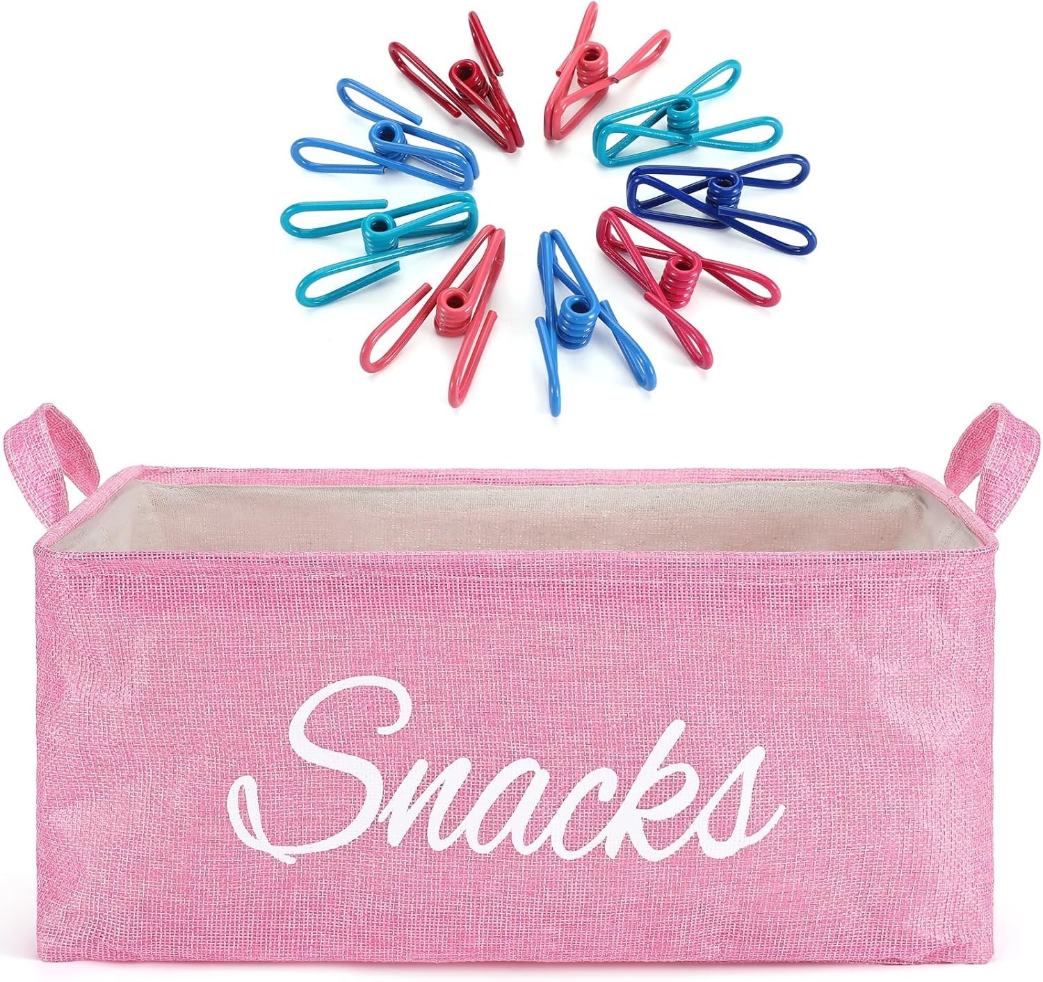 Newtay 17 Pcs Snack Basket Sets, Snack Storage Bin for Pantry Shelves with 16 Pcs 2 Inch Chip Clips, Basket Organizer for Kitchen Home, Chips, Popcorn, Candy, Pretzels (Pink,Burlap)