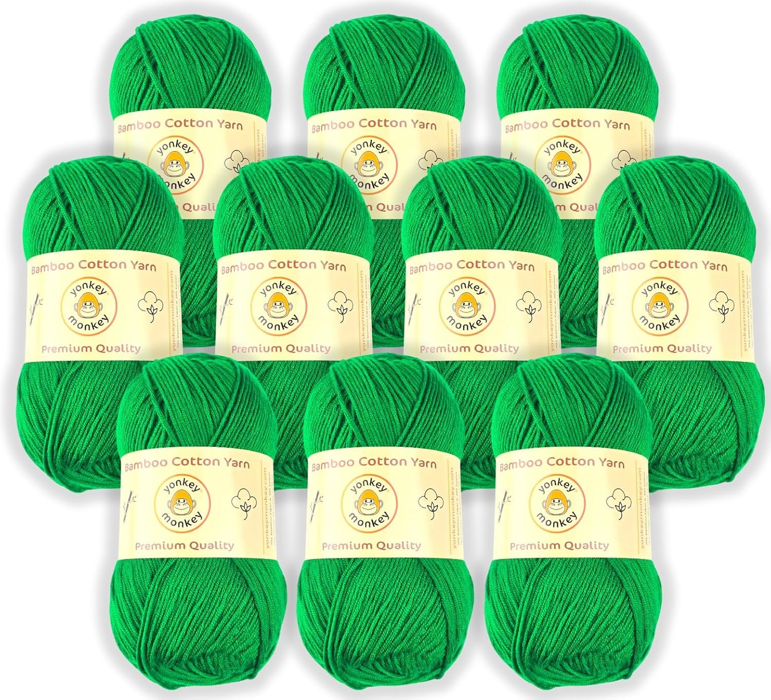 10-Pack of Yonkey Monkey Fingering Weight Yarn – 70% Rayon derived from Bamboo, 30% Cotton – Imported – Christmas Green 9064