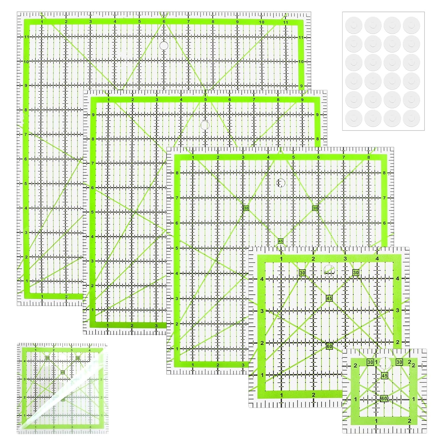Quilting Rulers (2.5″, 5″, 8.5″, 10″,12″), 5 Square Quilting Templates with Anti-Slip Mat, Quilting-Ruler Acrylic Rulers for Quiltings and Sewing (Green)