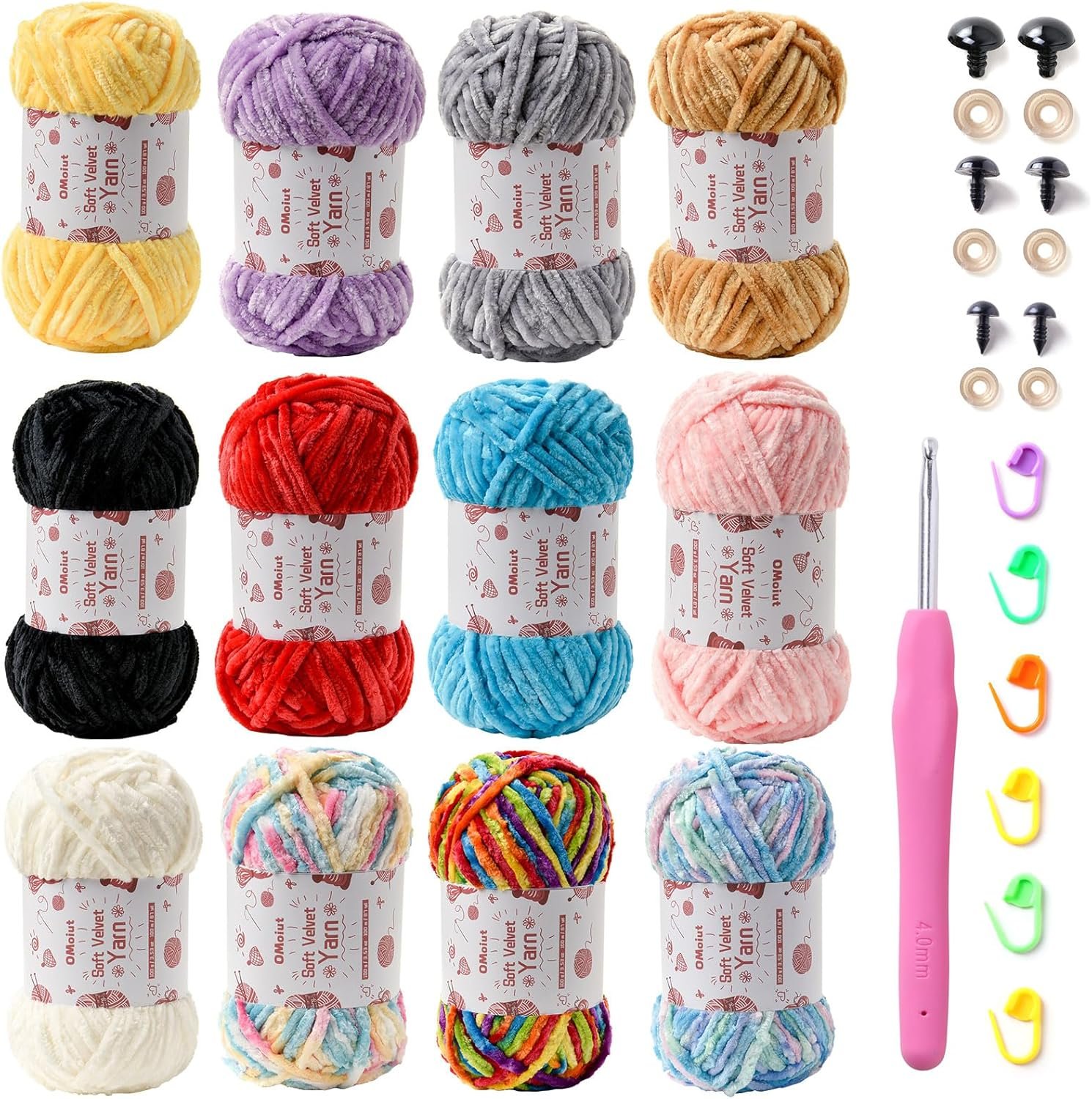 OMoiut 12 Pack Chenille Chunky Yarn – Baby Soft for Crocheting – White, Red, Pink, Yellow, Blue, Rainbow Velvet – Crochet Blanket and Amigurumi Pack With Accessories
