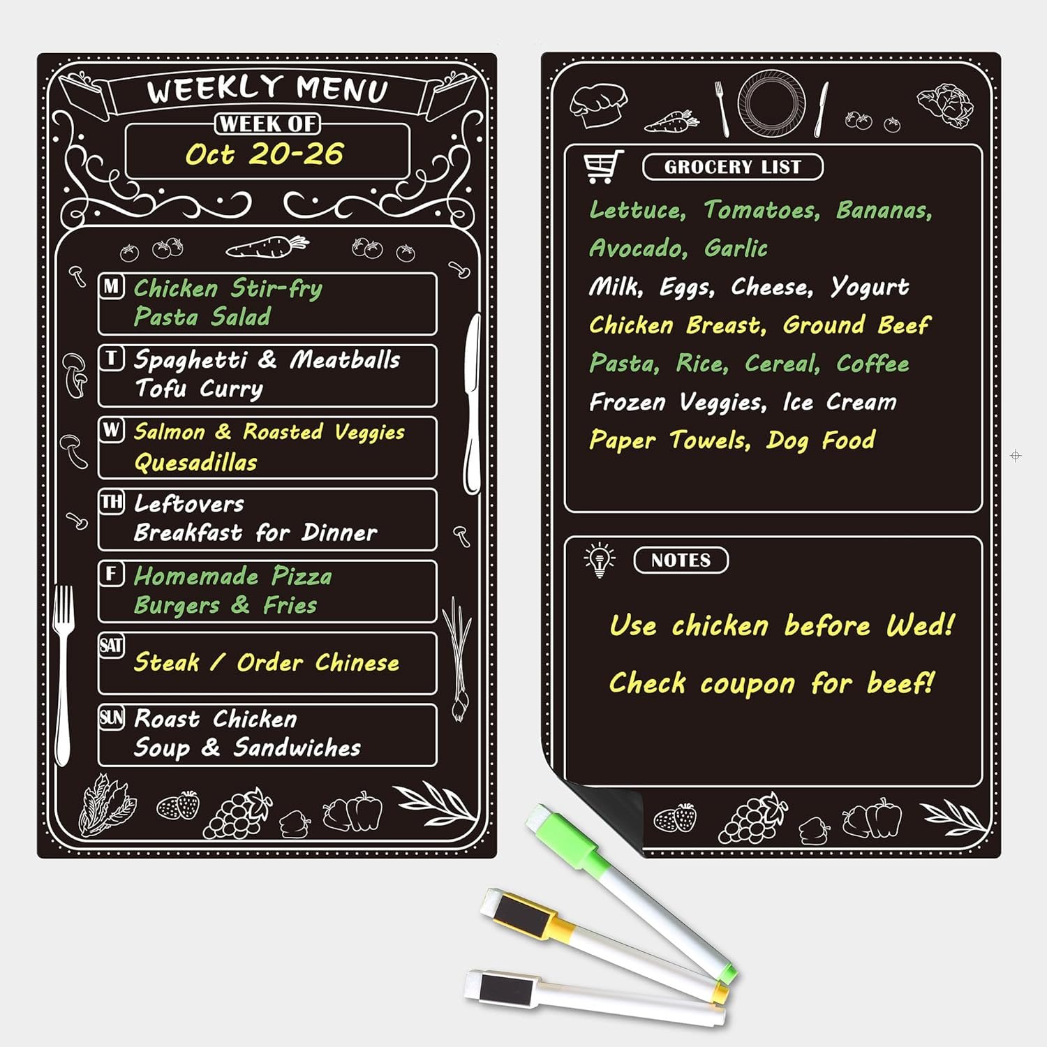 Magnetic Weekly Menu Planner for Fridge: 2 PCS 8×14 Inch Dry Erase Boards with Meal Plan and Grocery List, Dinner Calendar Magnets for Family Kitchen