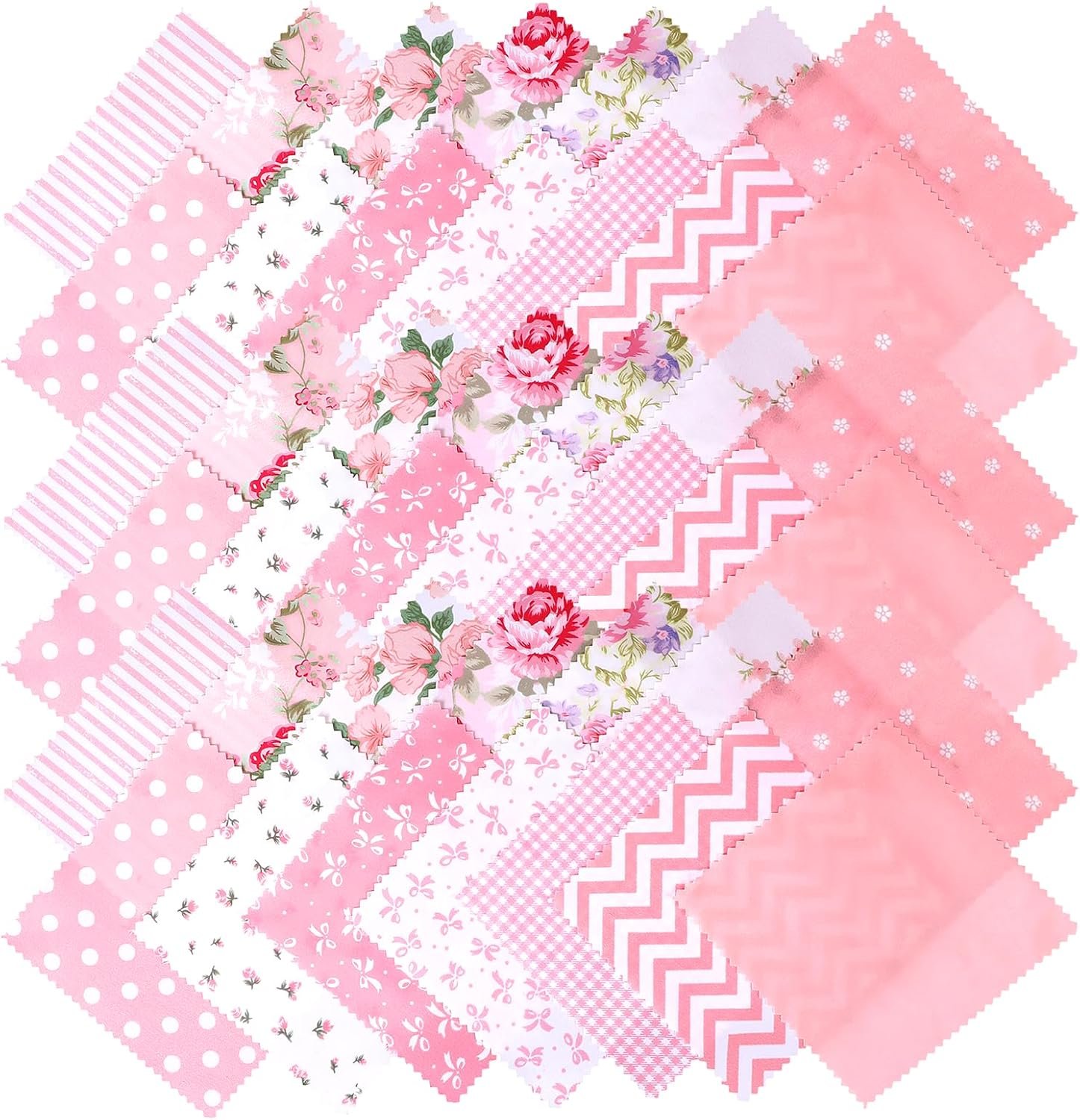 42Pcs Floral Fabric Squares, 5 x 5 Pre-Cut Quilting Squares, Floral Pink Fabric Bundle for Sewing DIY Craft