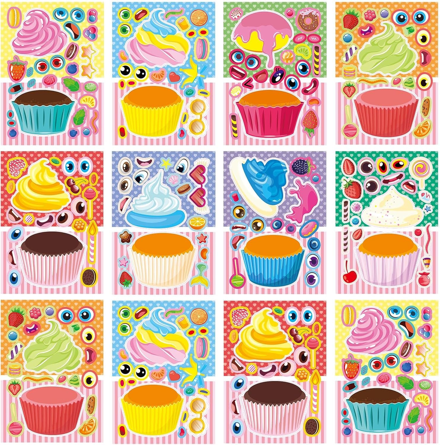24 Sheets 8.27”×5.9” Make Your Own Cupcake Stickers for Kids Toddlers, Make a Face Stickers for Kids Party Favors Activities