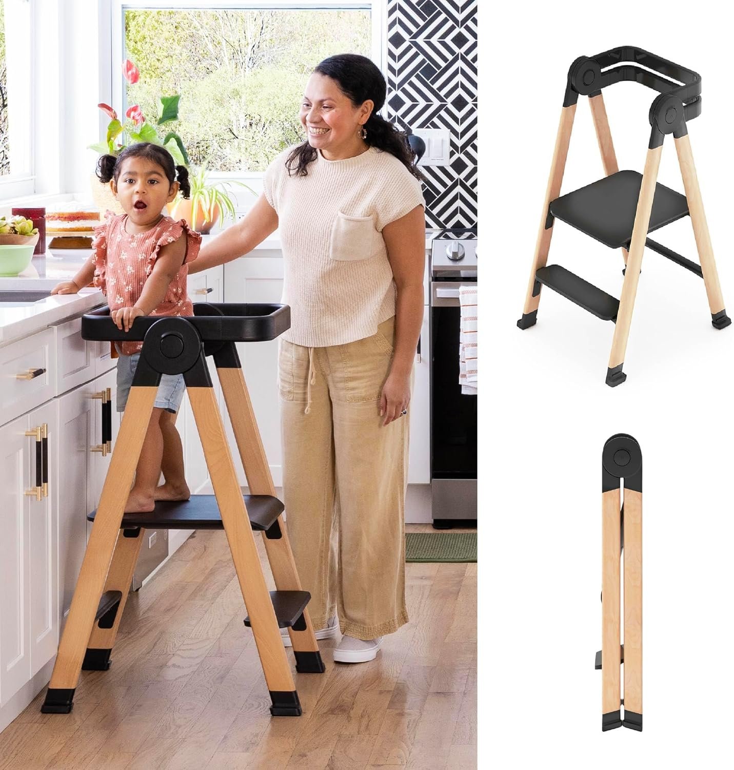 Guidecraft Kitchen Helper Flex Step Stool for Toddlers and Adults – Black: Folding Adjustable Height Step Stool for Bathroom or Kitchen