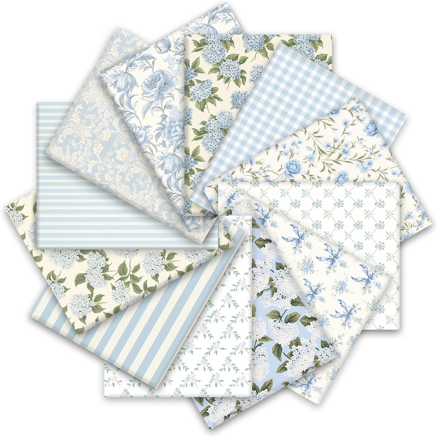 JarThenaAMCS 12 Pcs Hydrangea Cotton Fabric Bundles 18 x 22 Inch Watercolor Dusty Blue Floral Fat Quarters Flower Plaid Stripe Sewing Fabrics for DIY Craft Party Decor