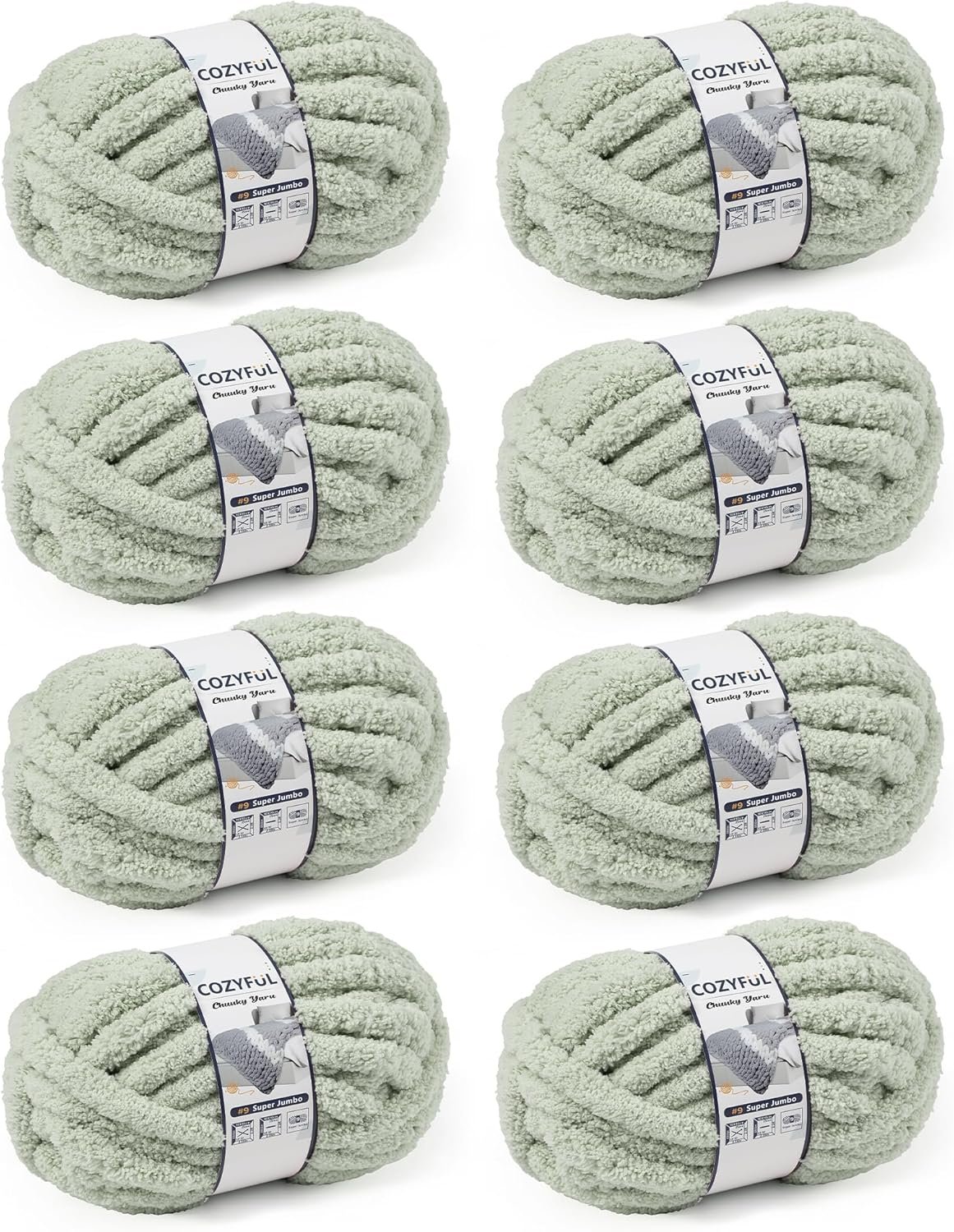 Cozyful Chunky Yarn for Hand Knitting, #9 Thick Jumbo Big Chunky Yarn for Crocheting, Super Chunky Knit Blanket Yarns, Large Chunky Chenille Yarns, 8 Pack (30 yds 8 oz Each Skein), Sage Green