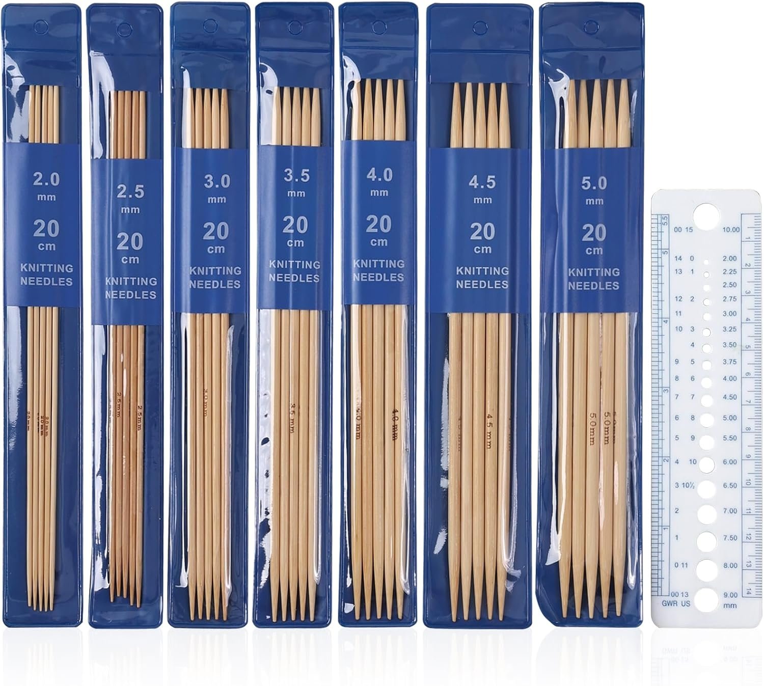 TAHULIK 35 Pcs Bamboo Double Pointed Knitting Needles Set, 7 Sizes 2/2.5/3/3.5/4/4.5/5mm Knitting Needles and 1Ruler for Sweater Socks