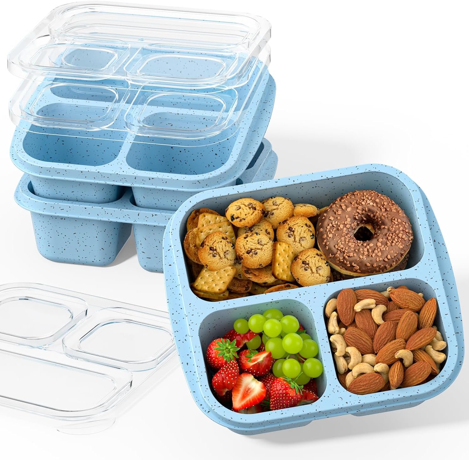 Snack Boxes (3 Pack) – Stackable Bento Boxes with 3 Compartments, Meal Prep Containers Reusable, Lightweight Lunch Containers for Kids and Adults, BPA Free (Blue)