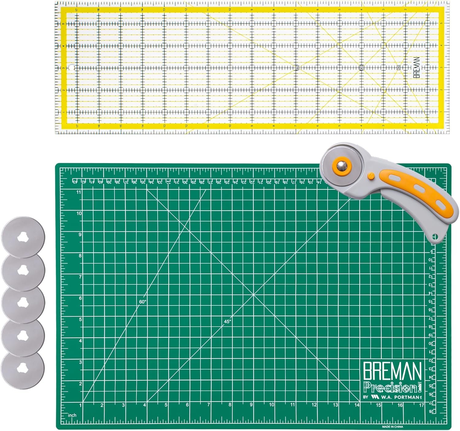 WA Portman Self Healing Cutting Mat & Rotary Cutter Set 45mm Rotary Cutter for Fabric with 5 Extra Blades with 12×18 Fabric Cutting Mat & 6×18 Acrylic Quilting Ruler – 3pc Sewing Kit
