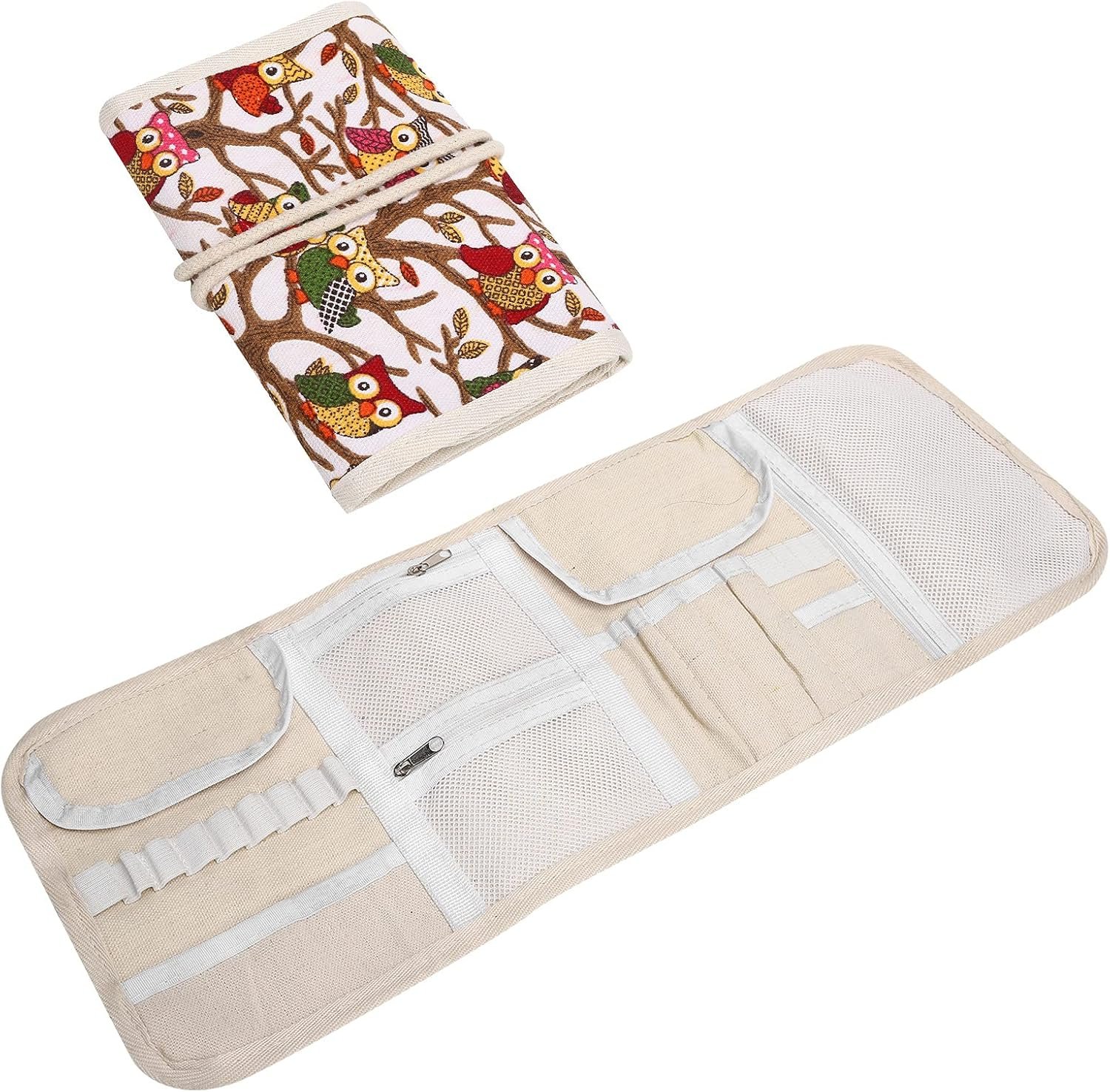 Pssopp Knitting Needles Holder Case Rolling Organizer Knitting Needle Storage Zipper Bag for Straight and Circular Knitting Needles Accessories(Owl)