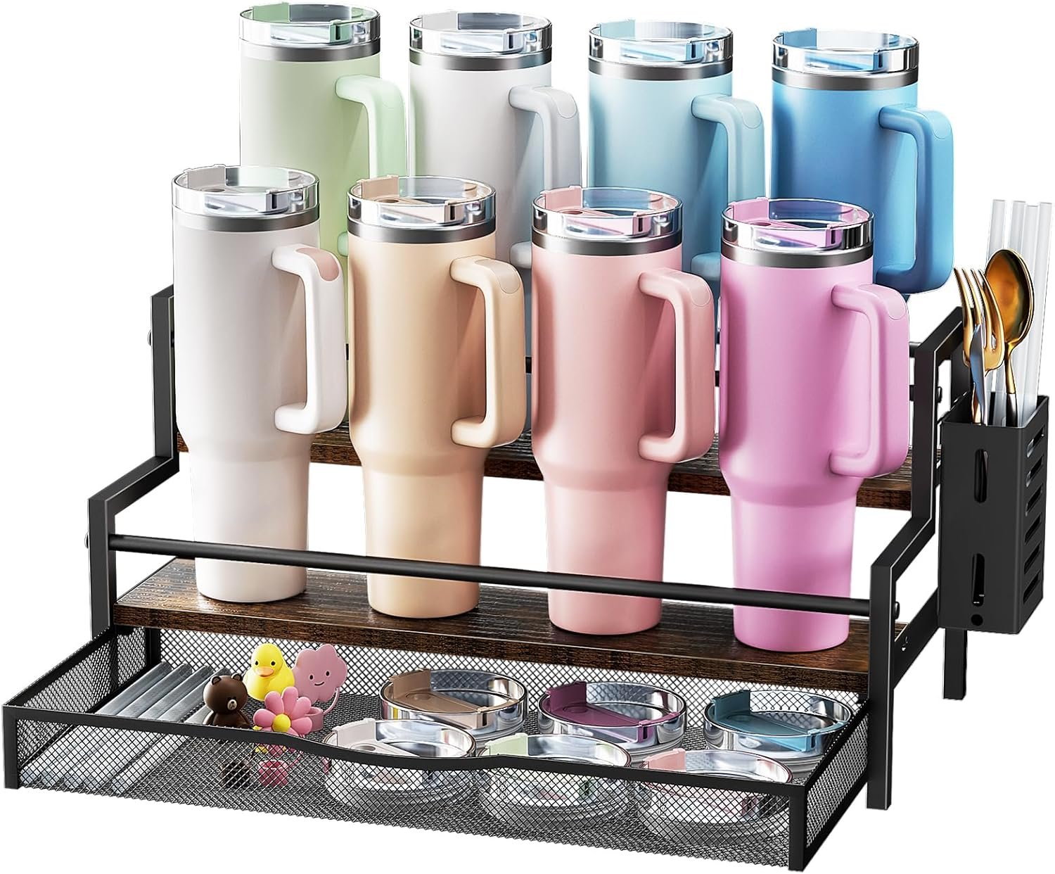 Water Bottle Organizer for Full Stanley 40 oz Tumbler with Handle, 2 Tier Tumbler Organizer for 8 Cups, Kitchen Pantry Organizers and Storage for Owala Stanley Cup Accessories, Brown