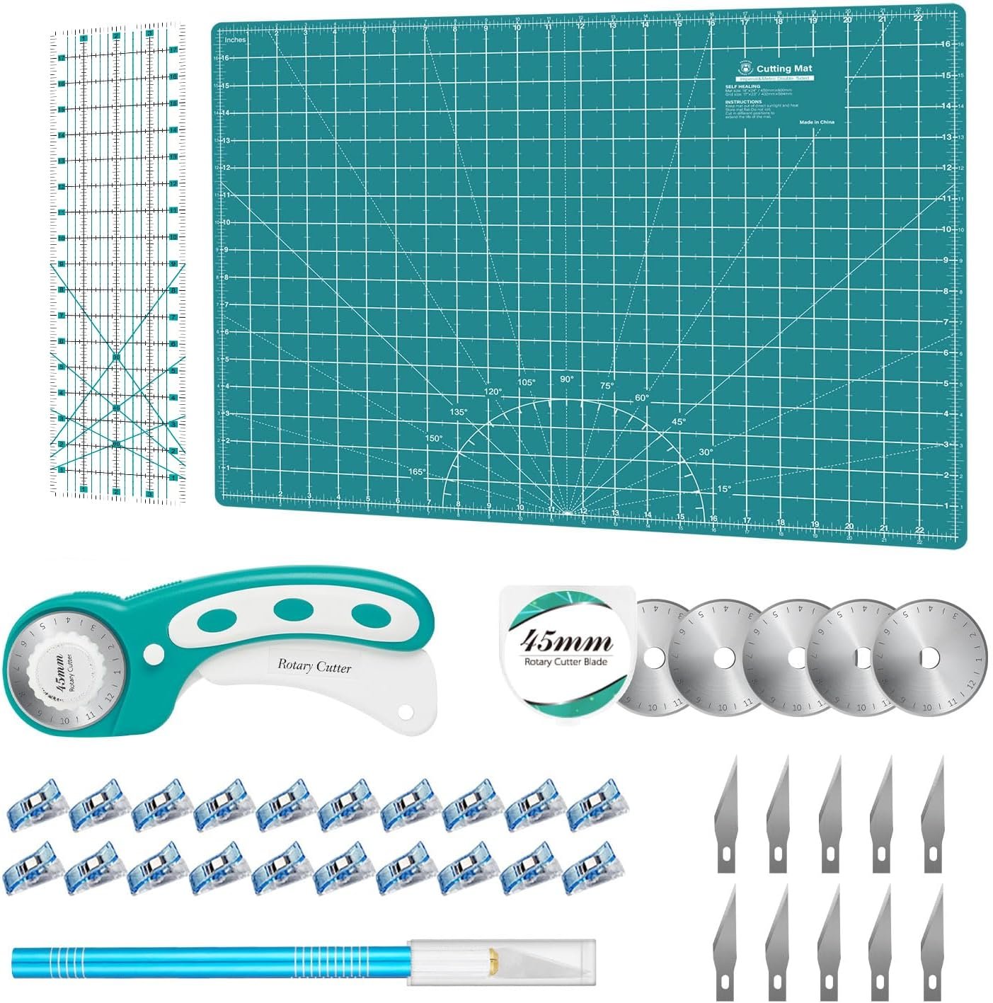 Rotary Cutter Set – Quilting Kit incl. 45mm Fabric Cutter, 5 Replacement Blades, A2 Cutting Mat, Acrylic Quilting Ruler and Sewing Clips, Craft Knife Set, Ideal for Crafting, Sewing, Patchworking